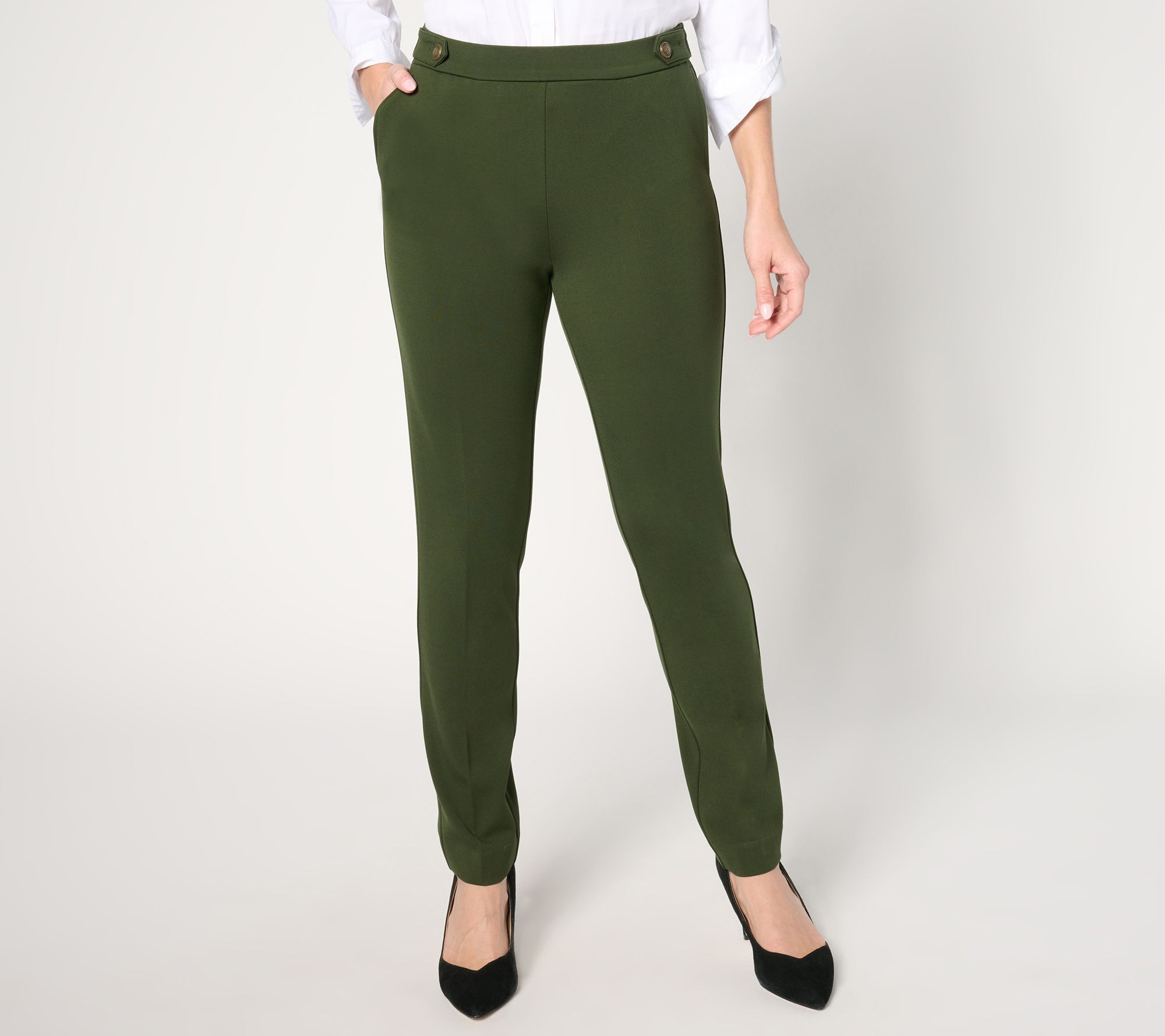 "As Is" Susan Graver Petite Smart Ponte 350 Slim Pants with Waistband Tabs