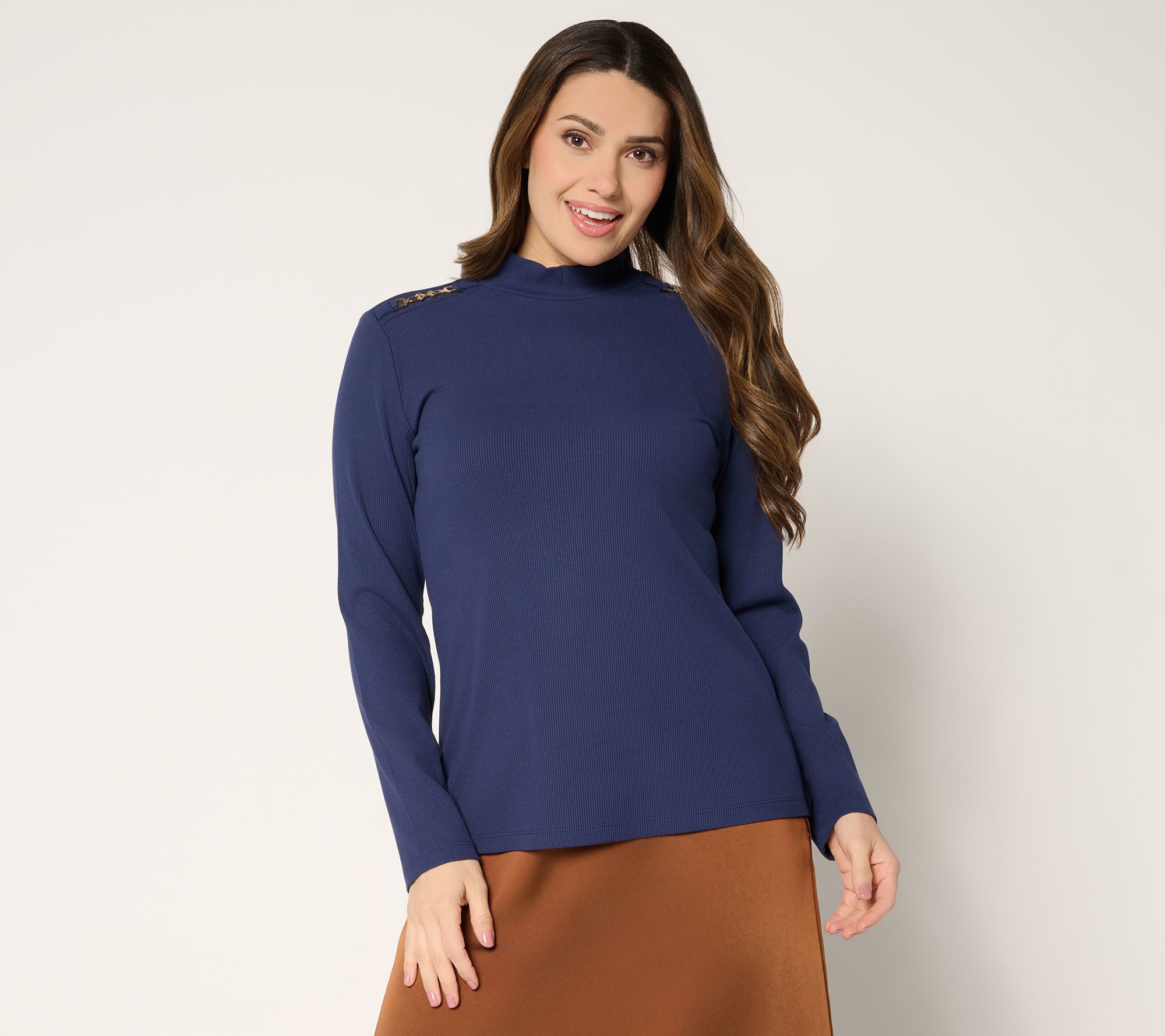 Susan Graver Rib Knit Mock Neck Top with Buckle Detail - QVC.com