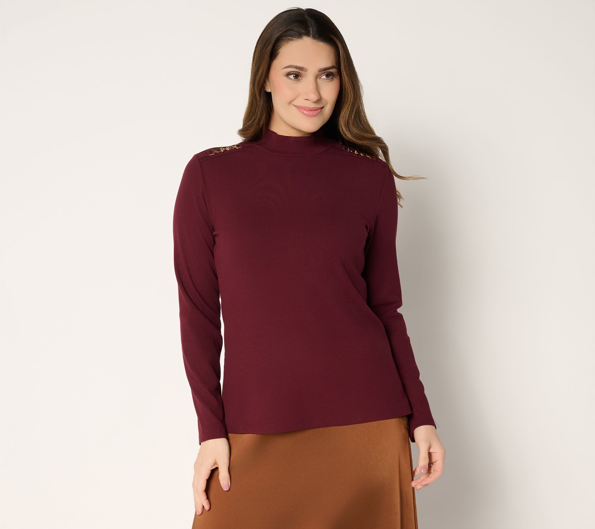Susan Graver Rib Knit Mock Neck Top with Buckle Detail