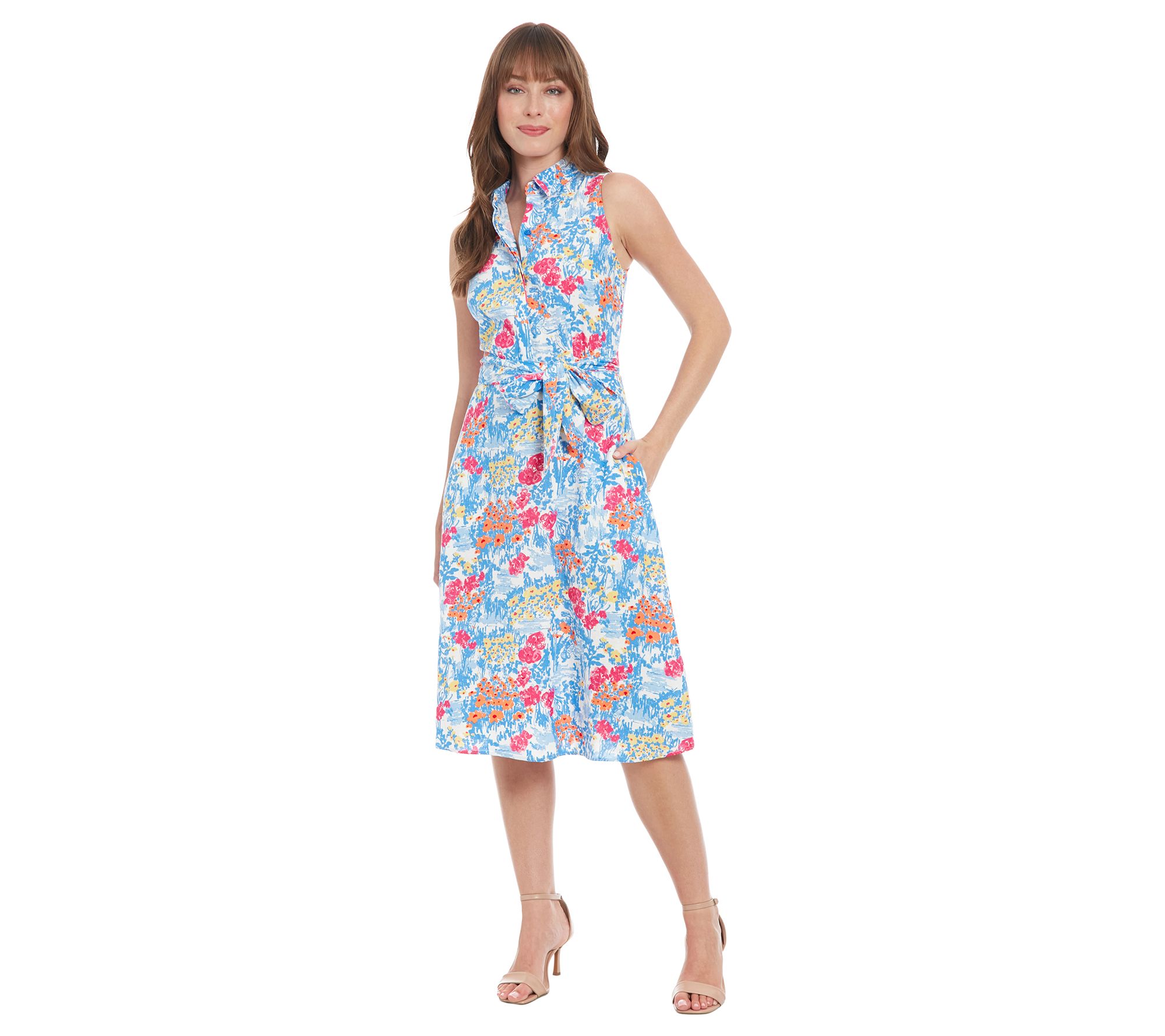 London Times Sleeveless Printed Linen Midi Dress