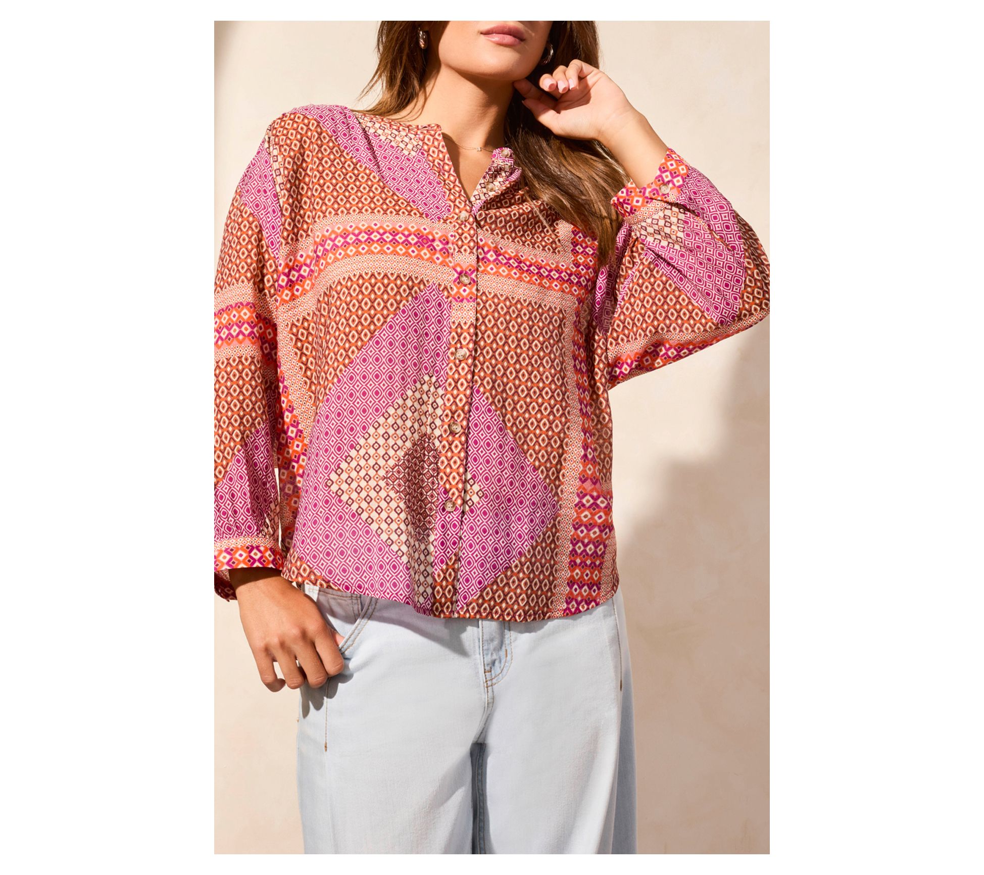 Tribal Flowy Dolman Sleeve Blouse With Self-Covering Buttons