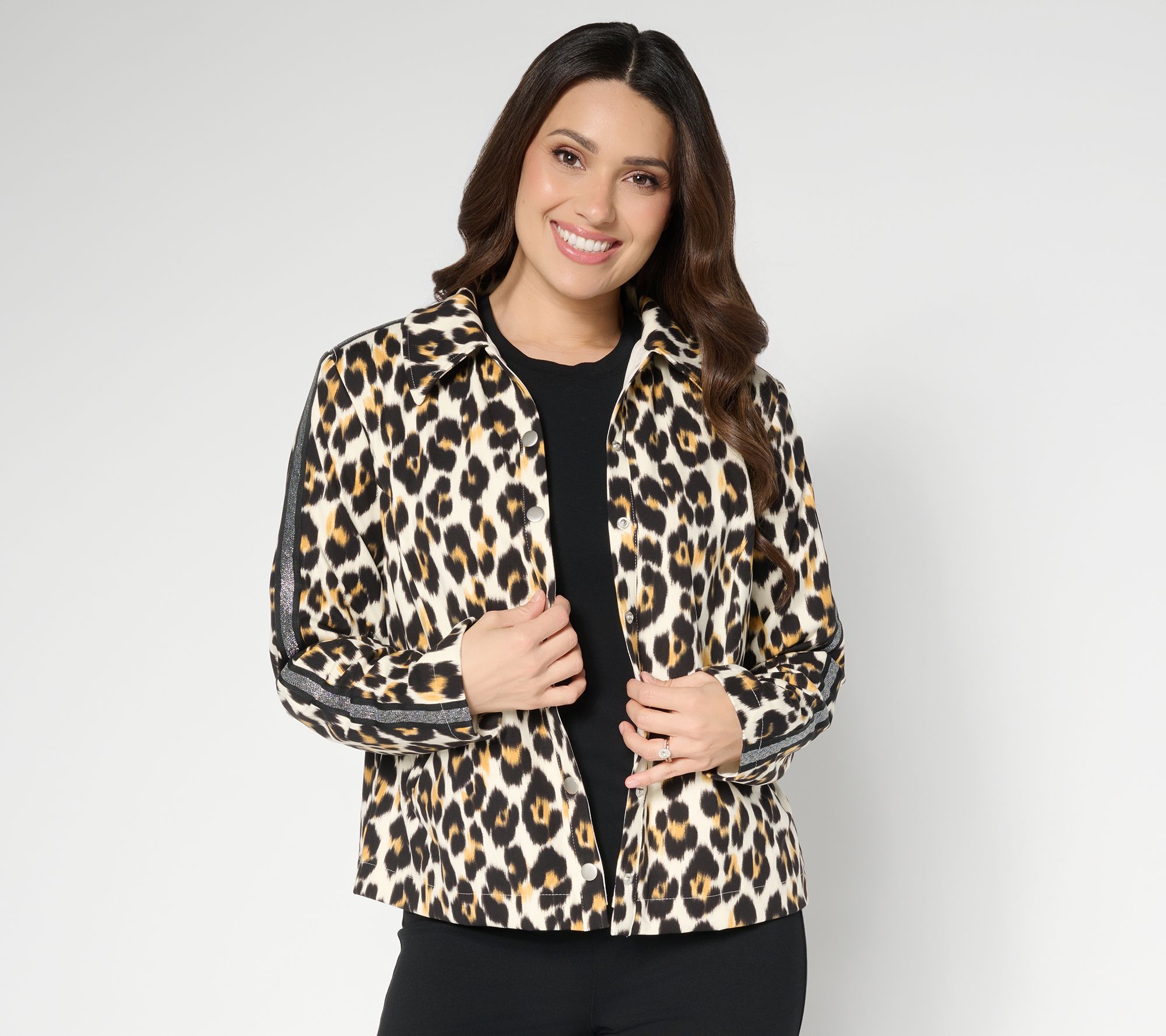 nicole by Nicole Miller Lurex Stripe Trim Snap Front Jacket