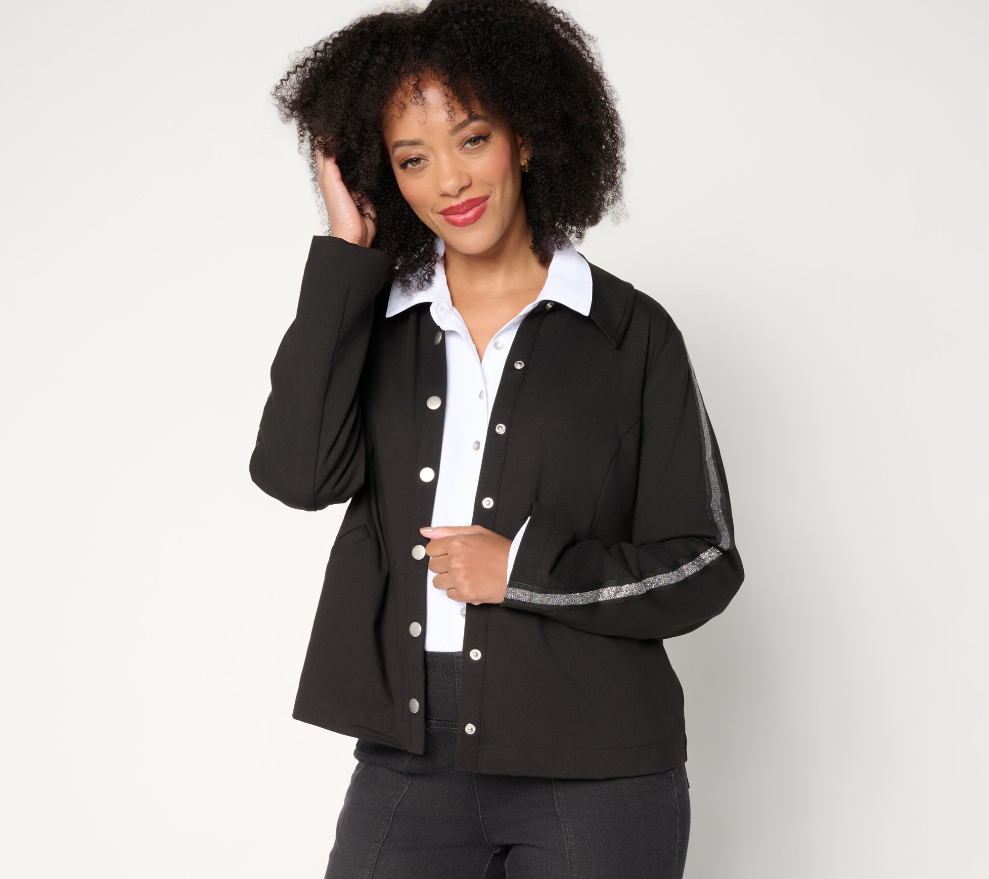 nicole by Nicole Miller Lurex Stripe Trim Snap Front Jacket