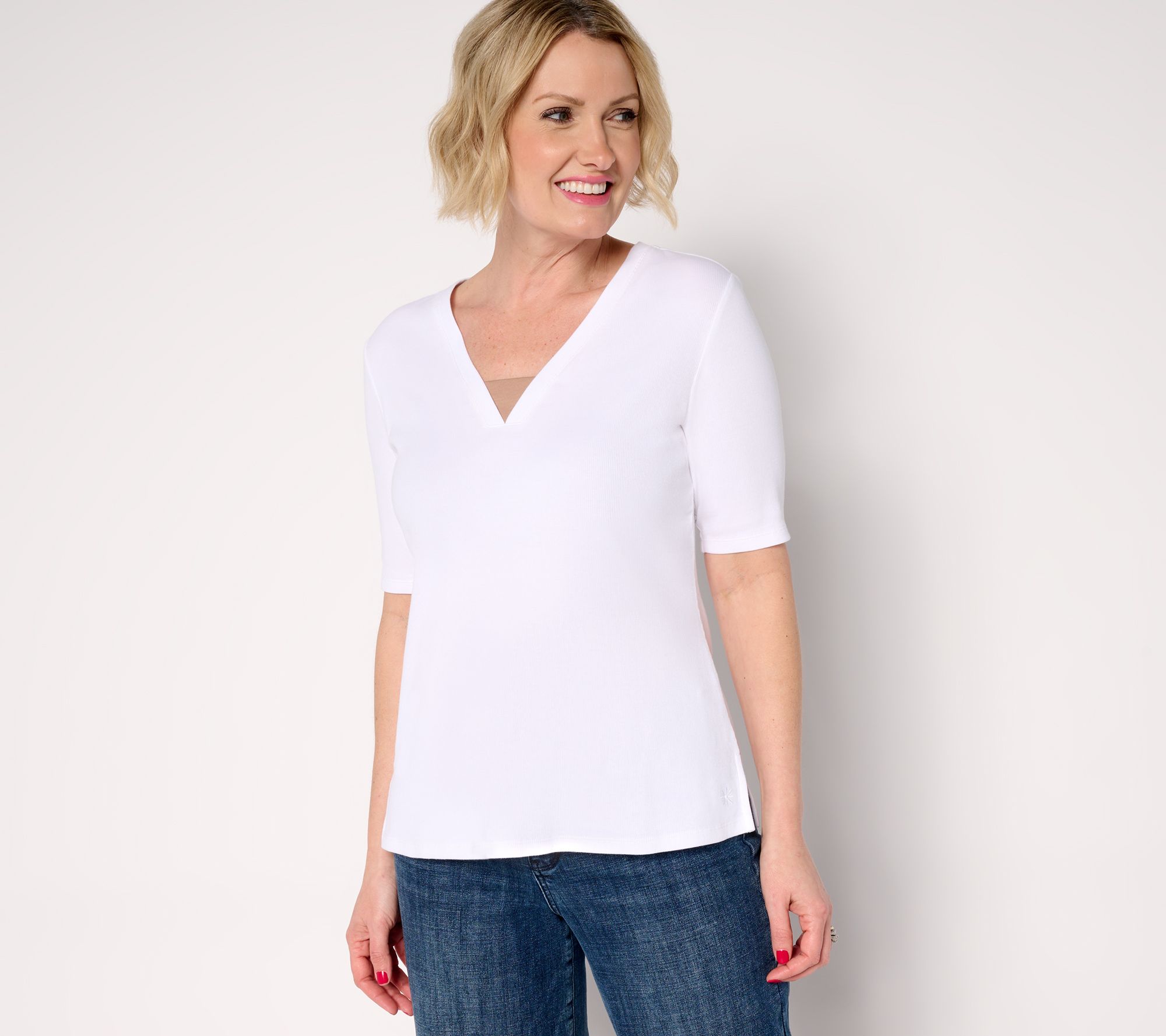 "As Is" Isaac Mizrahi Live! Essentials Pima Rib Elbow Sleeve Top