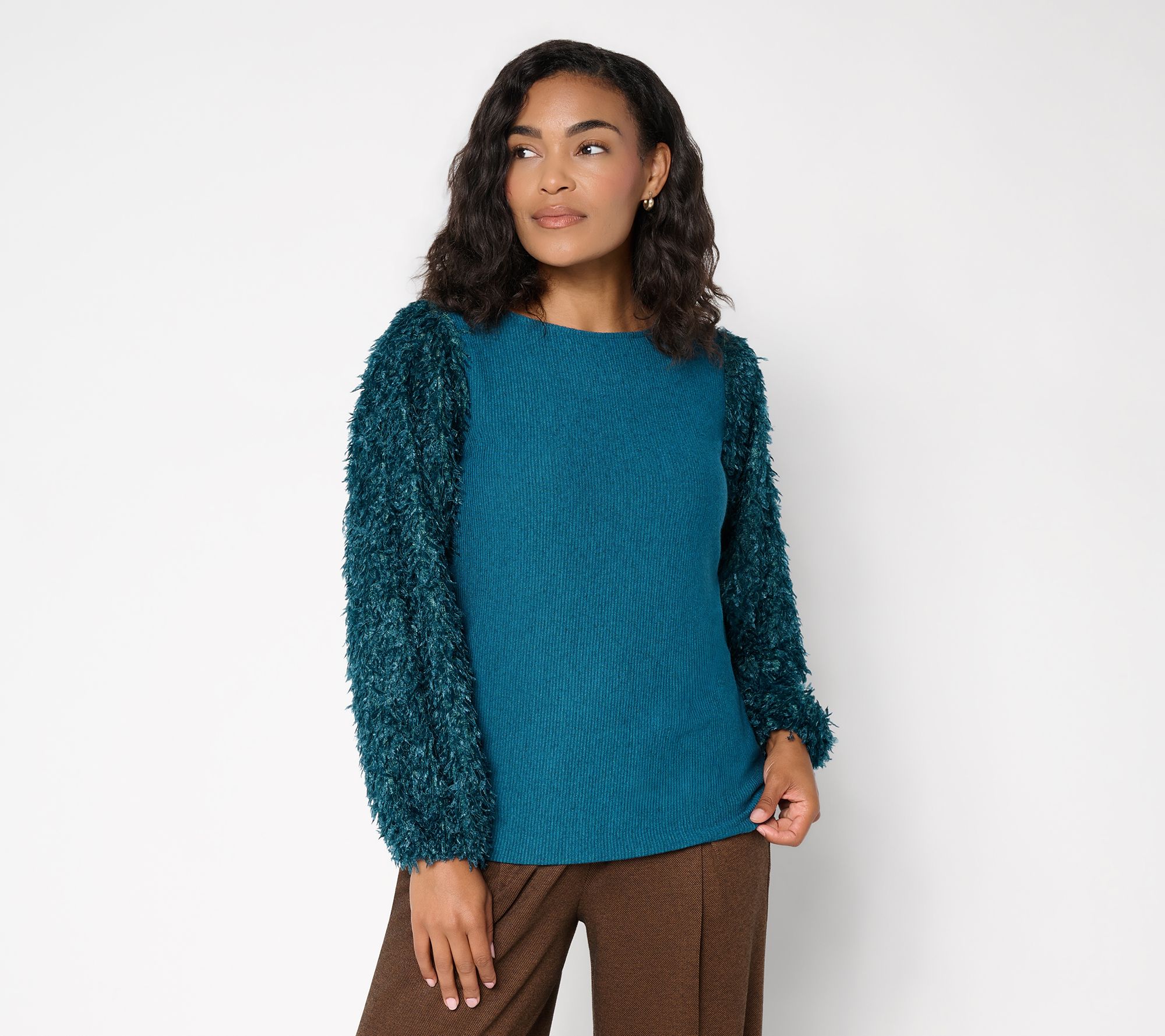 Susan Graver Occasions Rib Knit Top w/ Embellished Sleeves