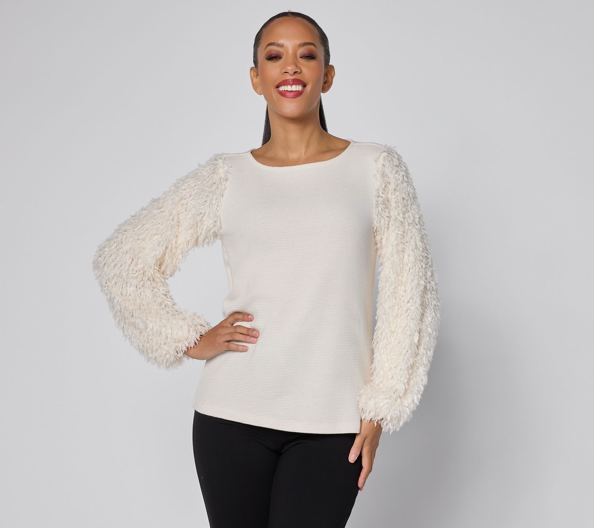 Susan Graver Occasions Rib Knit Top w/ Embellished Sleeves