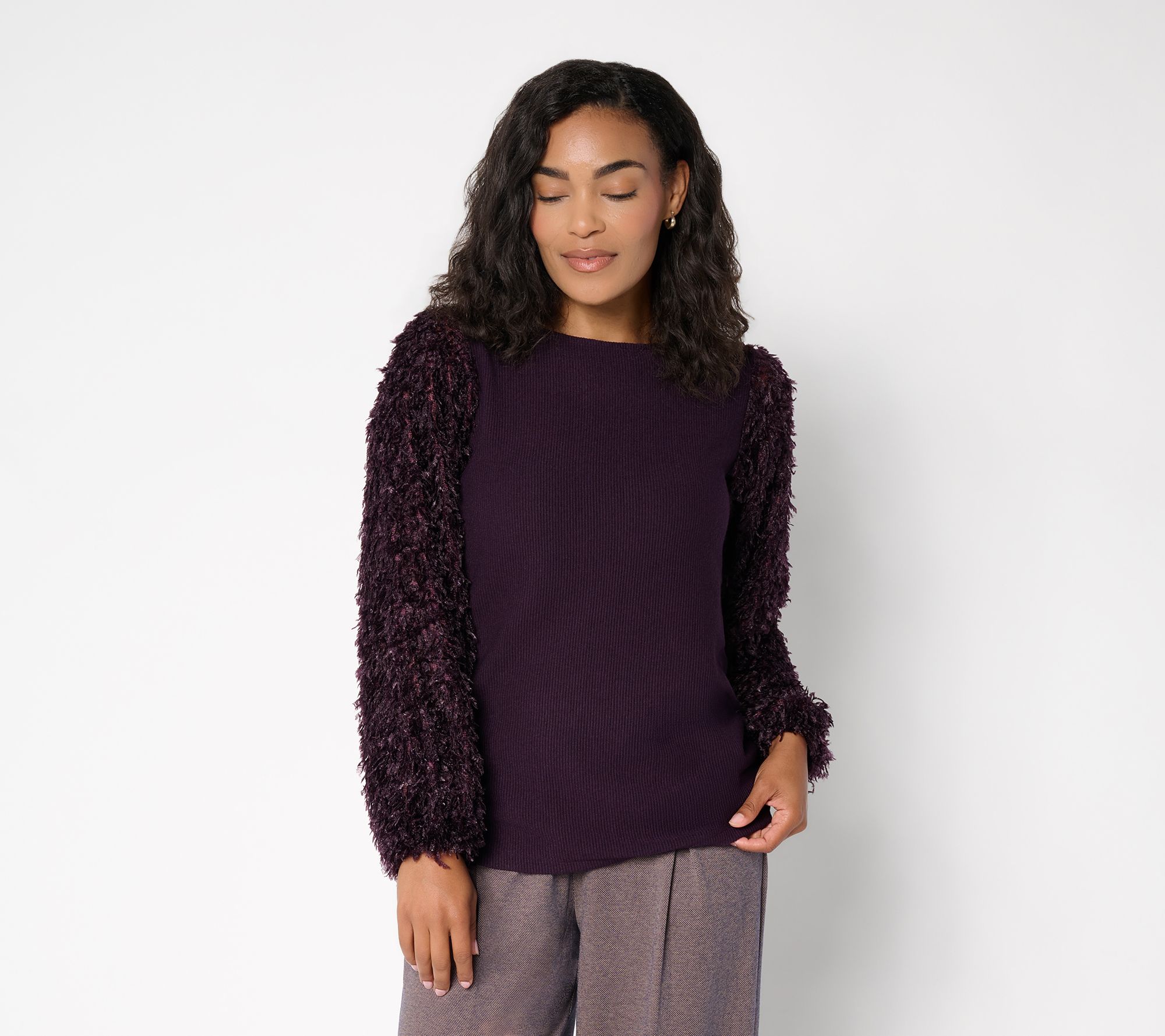 Susan Graver Occasions Rib Knit Top w/ Embellished Sleeves