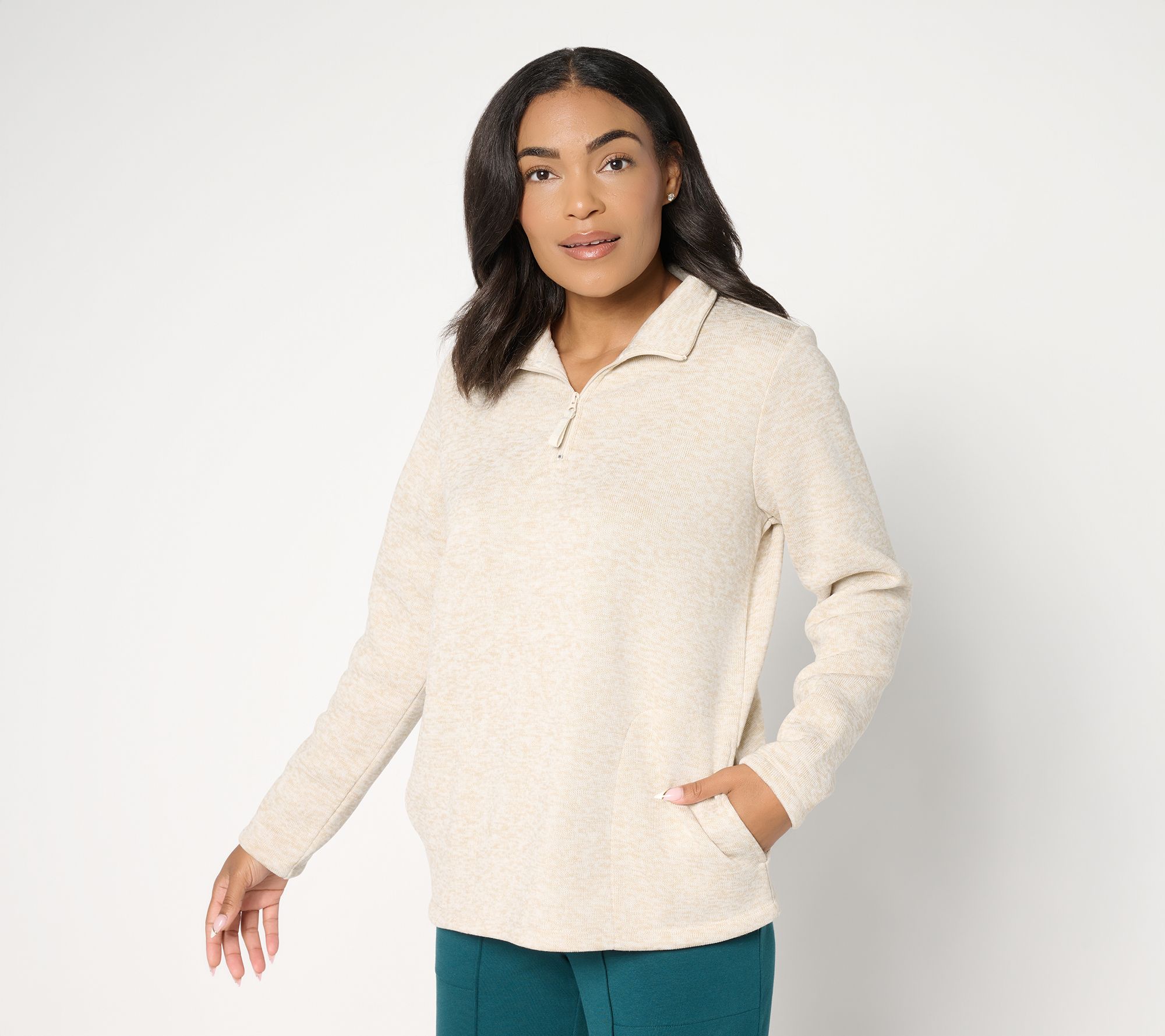 Denim & Co. Active Heathered Sweater Fleece Top w/ Half Zip