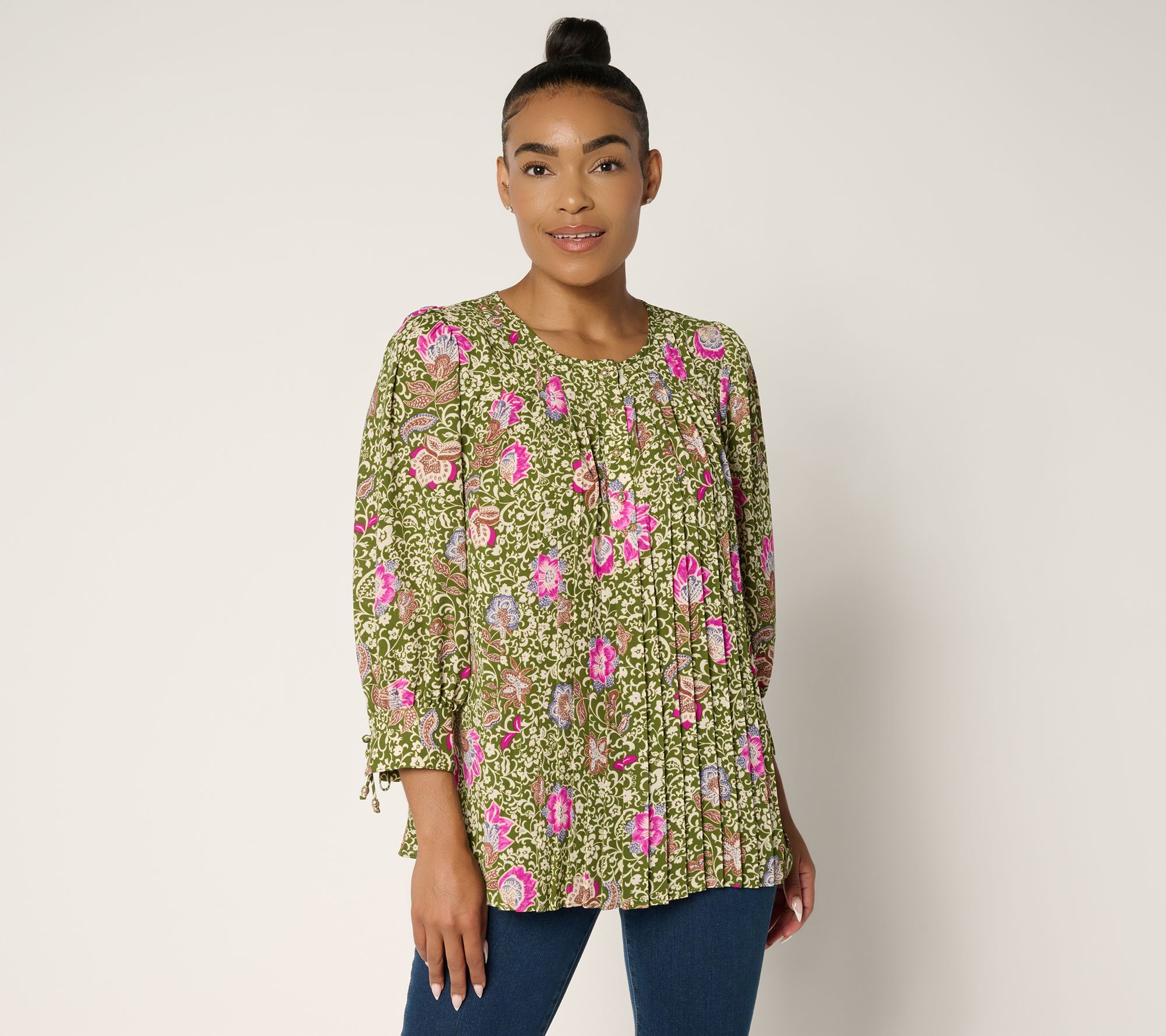 "As Is" GRAVER Susan Graver Printed Pleated Woven Blouse w/ Tie Sleeves