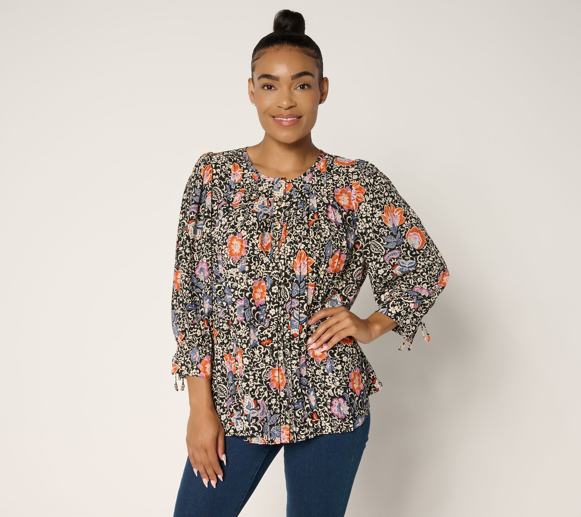 "As Is" GRAVER Susan Graver Printed Pleated Woven Blouse w/ Tie Sleeves