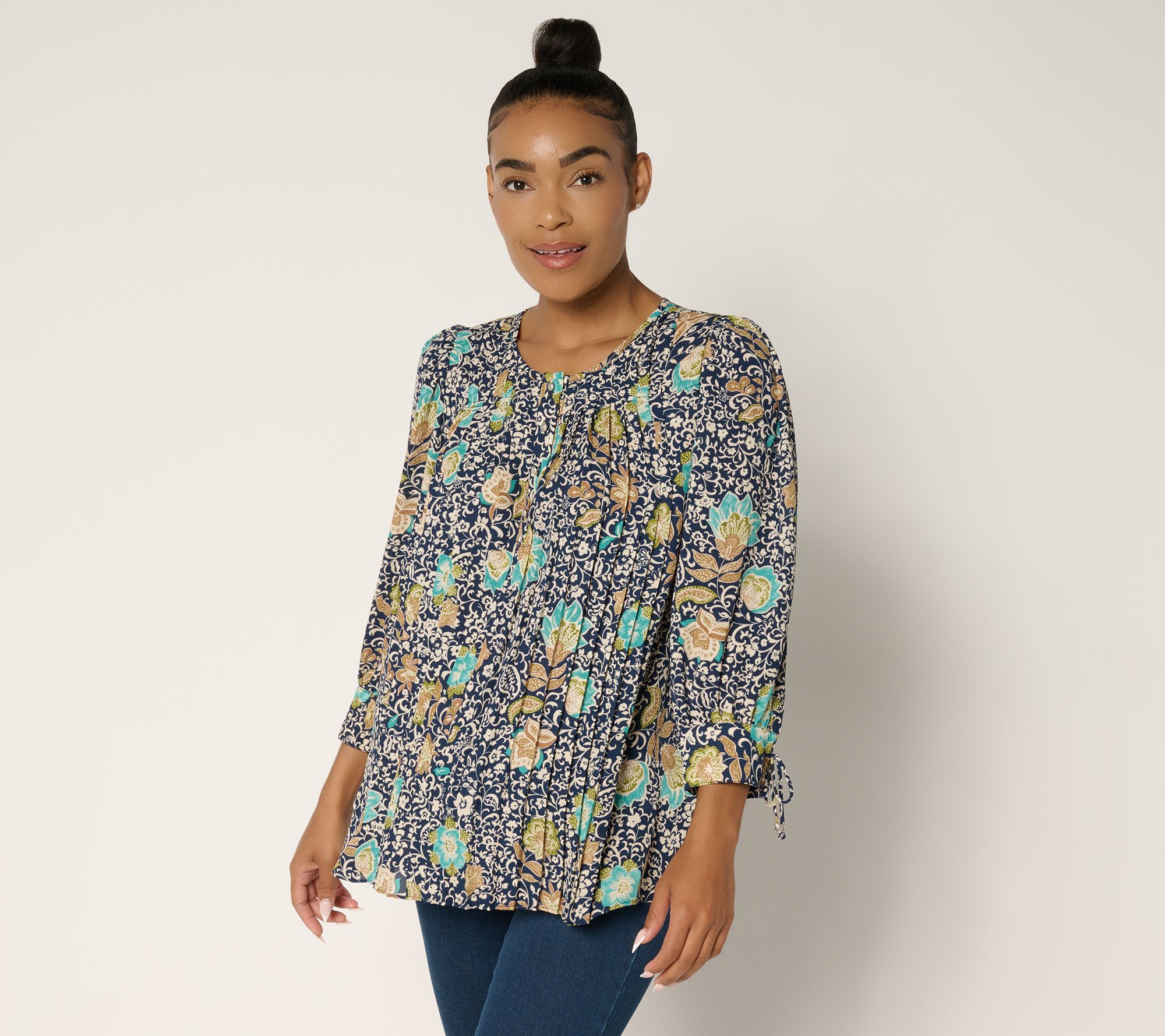 "As Is" GRAVER Susan Graver Printed Pleated Woven Blouse w/ Tie Sleeves