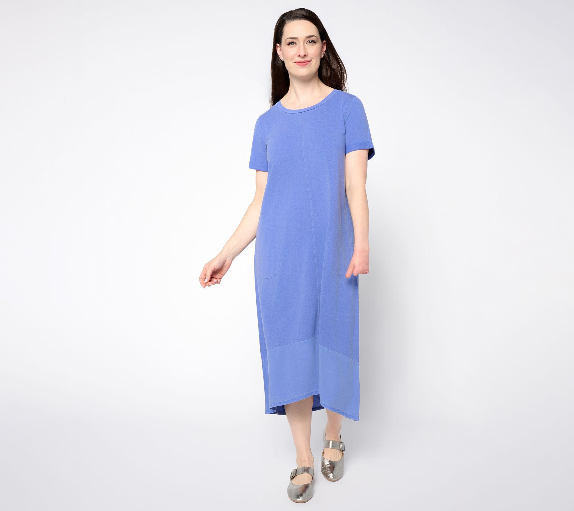 LOGO by Lori Goldstein Petite Knit Midi Dress with Woven Hem