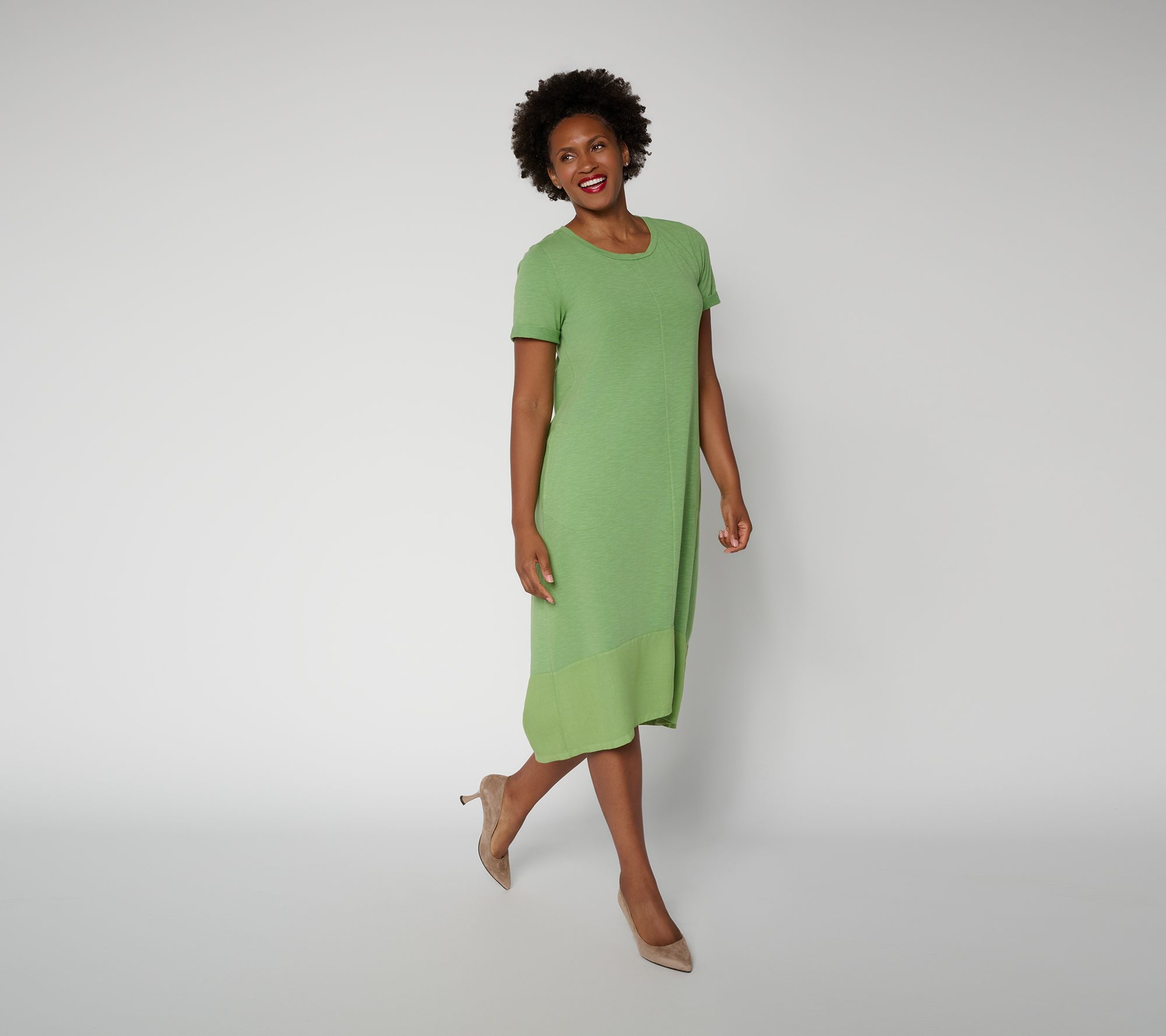 LOGO by Lori Goldstein Petite Knit Midi Dress with Woven Hem
