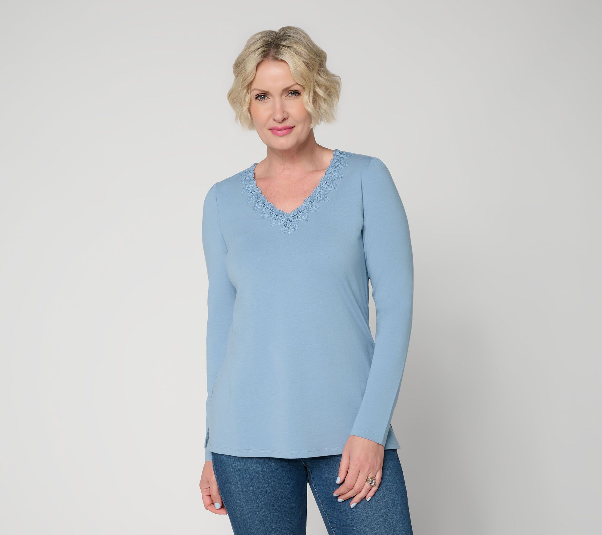 Belle by Kim Gravel TripleLuxe Knit Floral Lace Trim V Neck Top