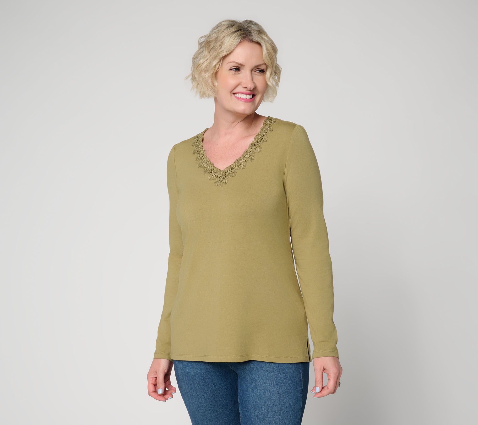 Belle by Kim Gravel TripleLuxe Knit Floral Lace Trim V Neck Top