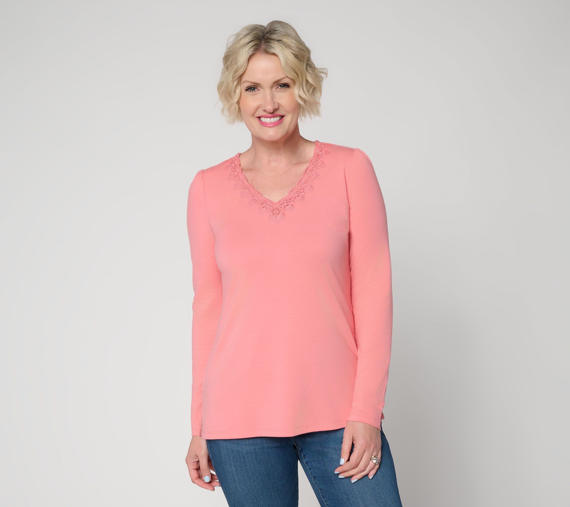 Belle by Kim Gravel TripleLuxe Knit Floral Lace Trim V Neck Top