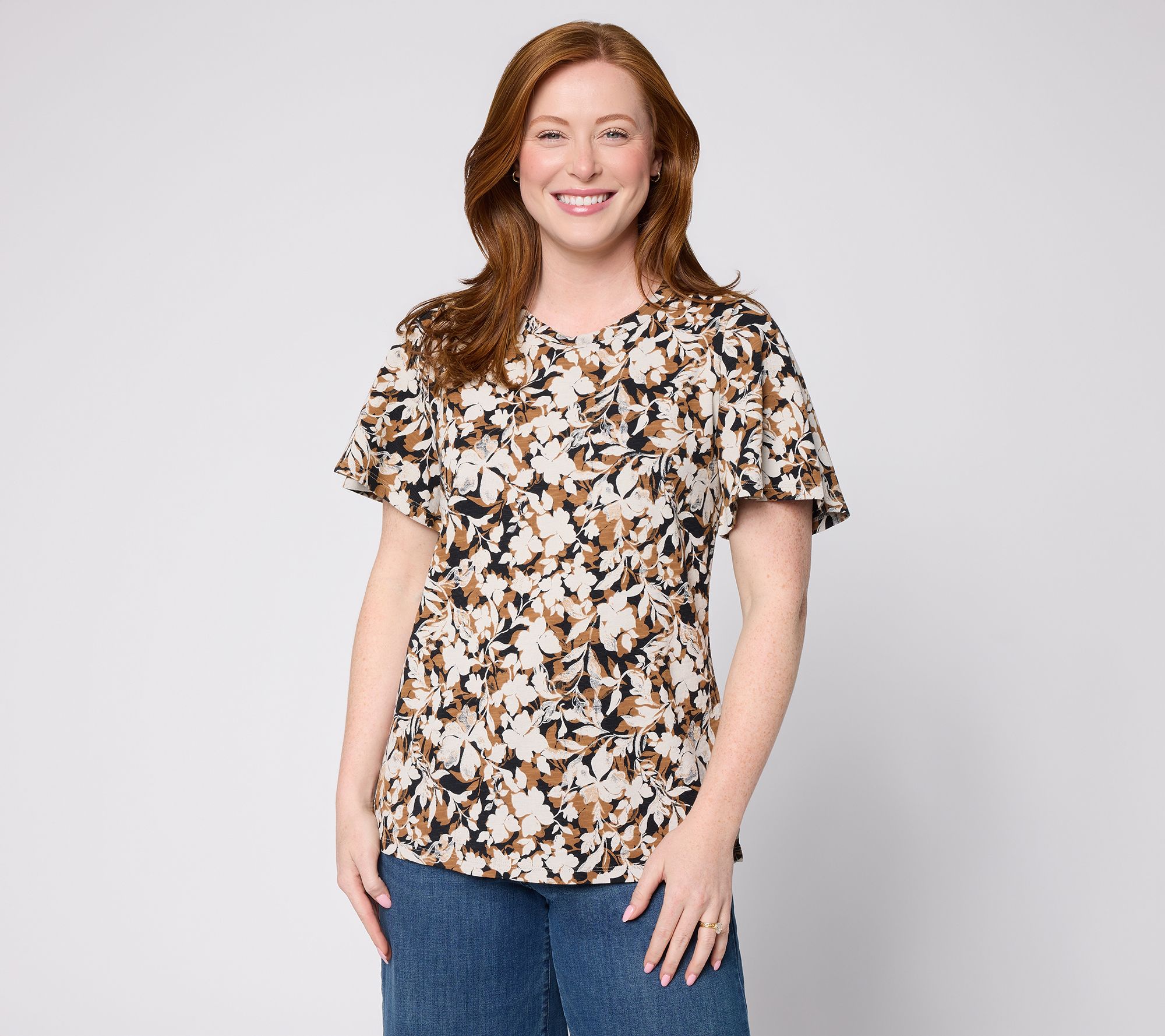 Denim & Co. Printed Cotton Slub Flutter Short Sleeve Top