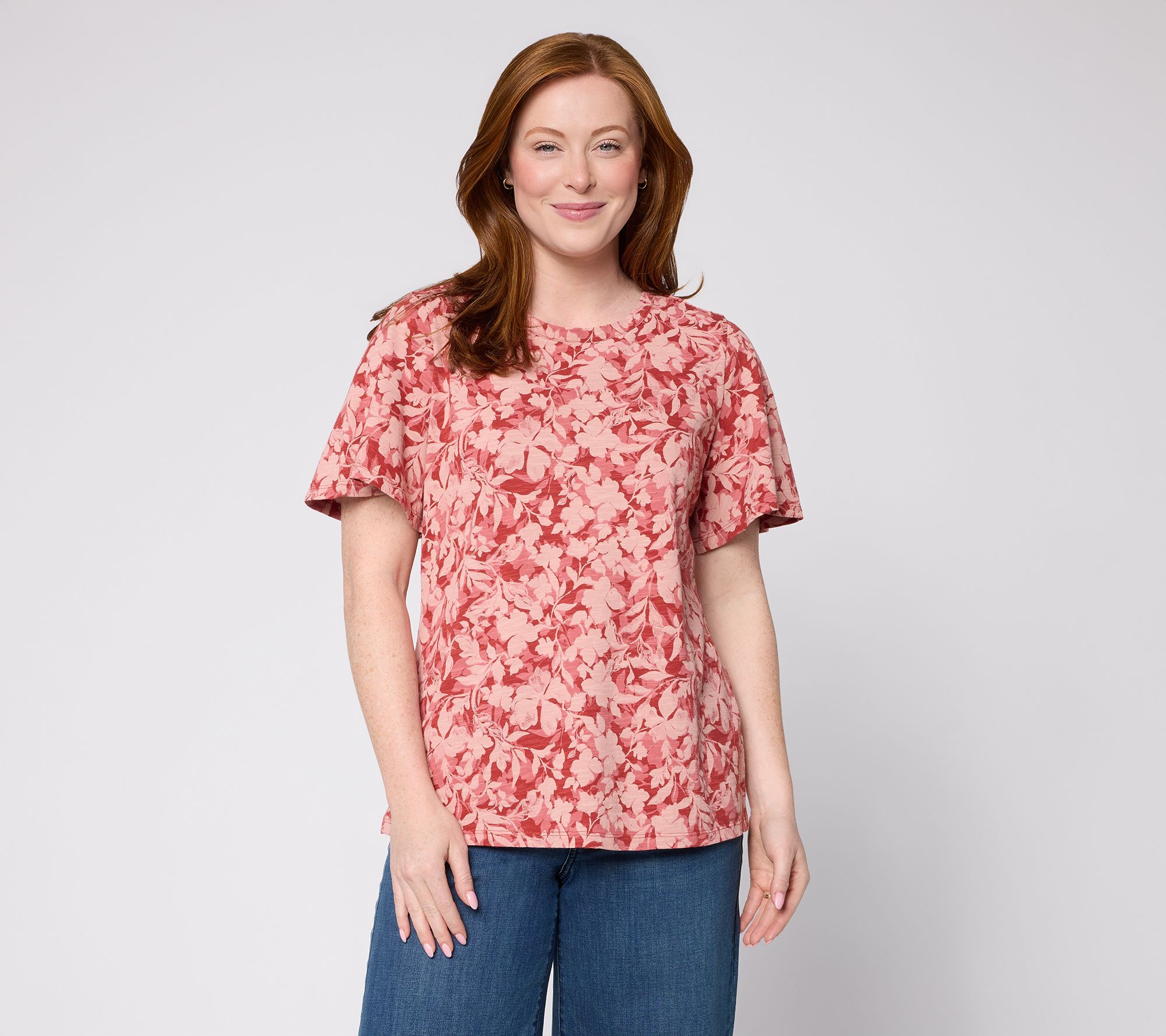 Denim & Co. Printed Cotton Slub Flutter Short Sleeve Top
