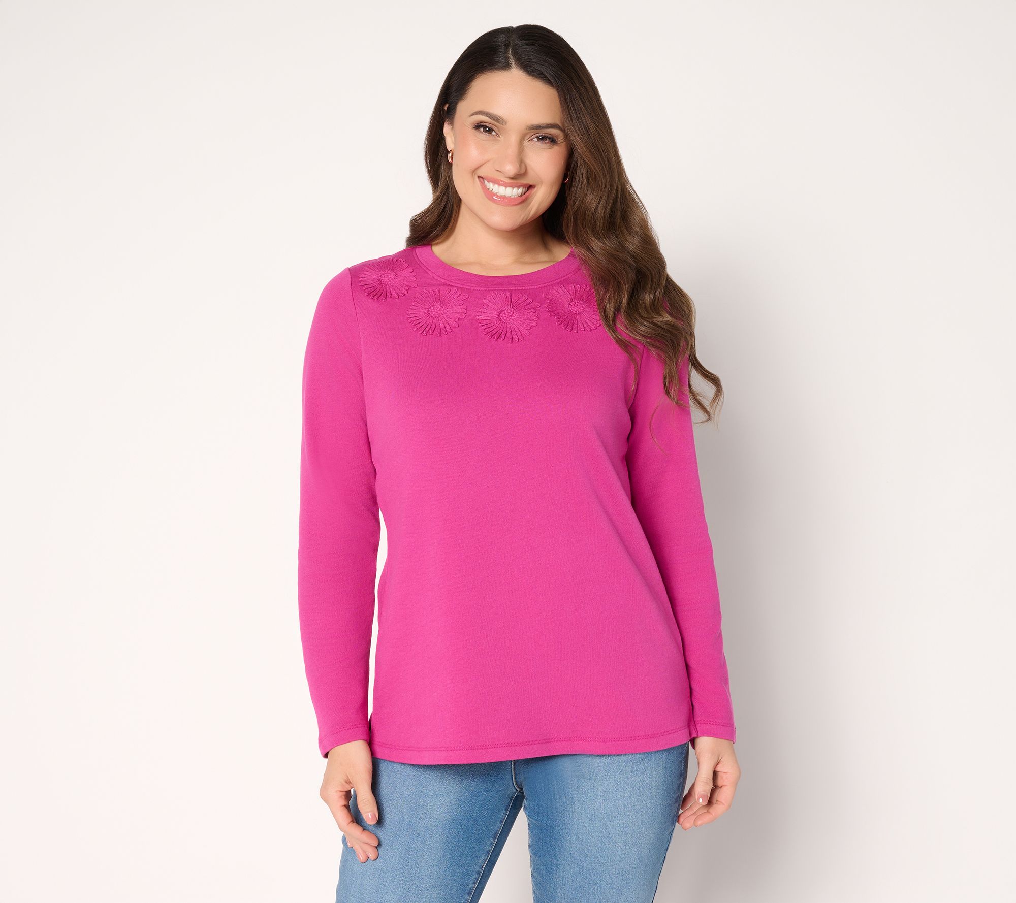 "As Is" Denim & Co. 100% Cotton Embroidered Long Sleeve Crew Neck Top