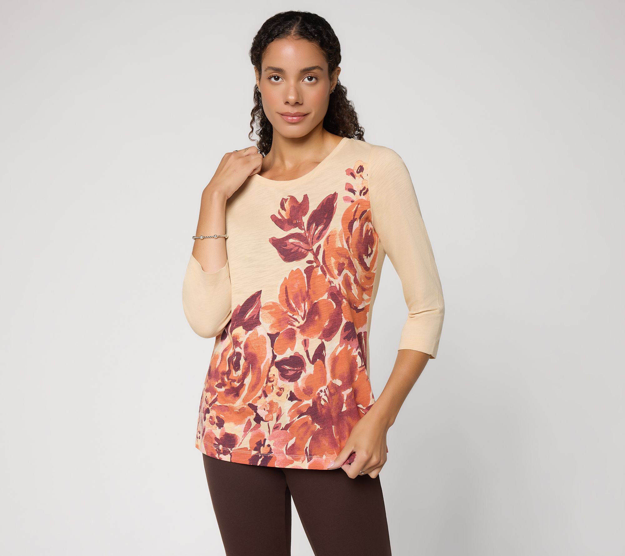 Belle by Kim Gravel Slub Knit Amber Bloom 3/4-Sleeve Top
