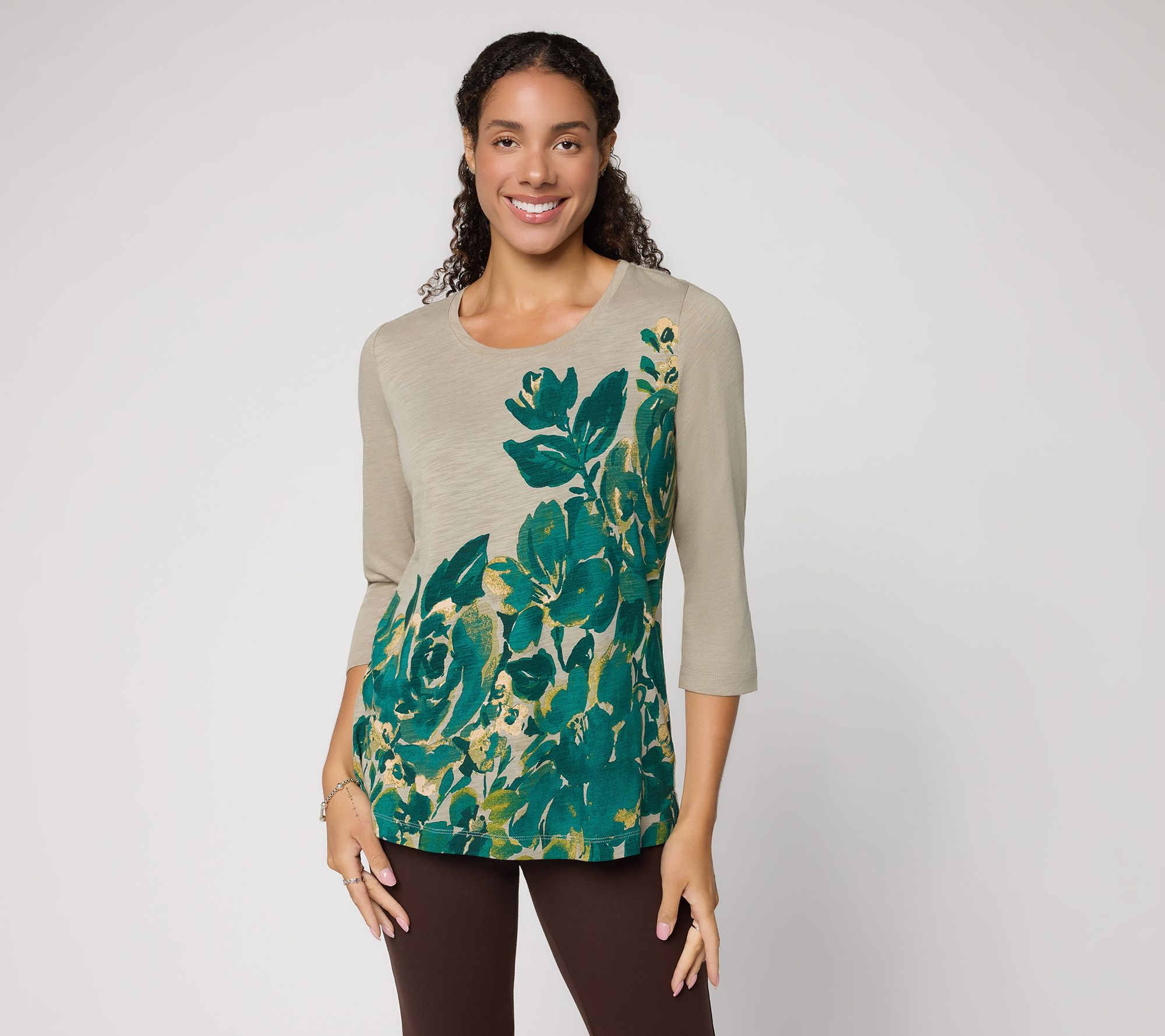 Belle by Kim Gravel Slub Knit Amber Bloom 3/4 -Sleeve Top