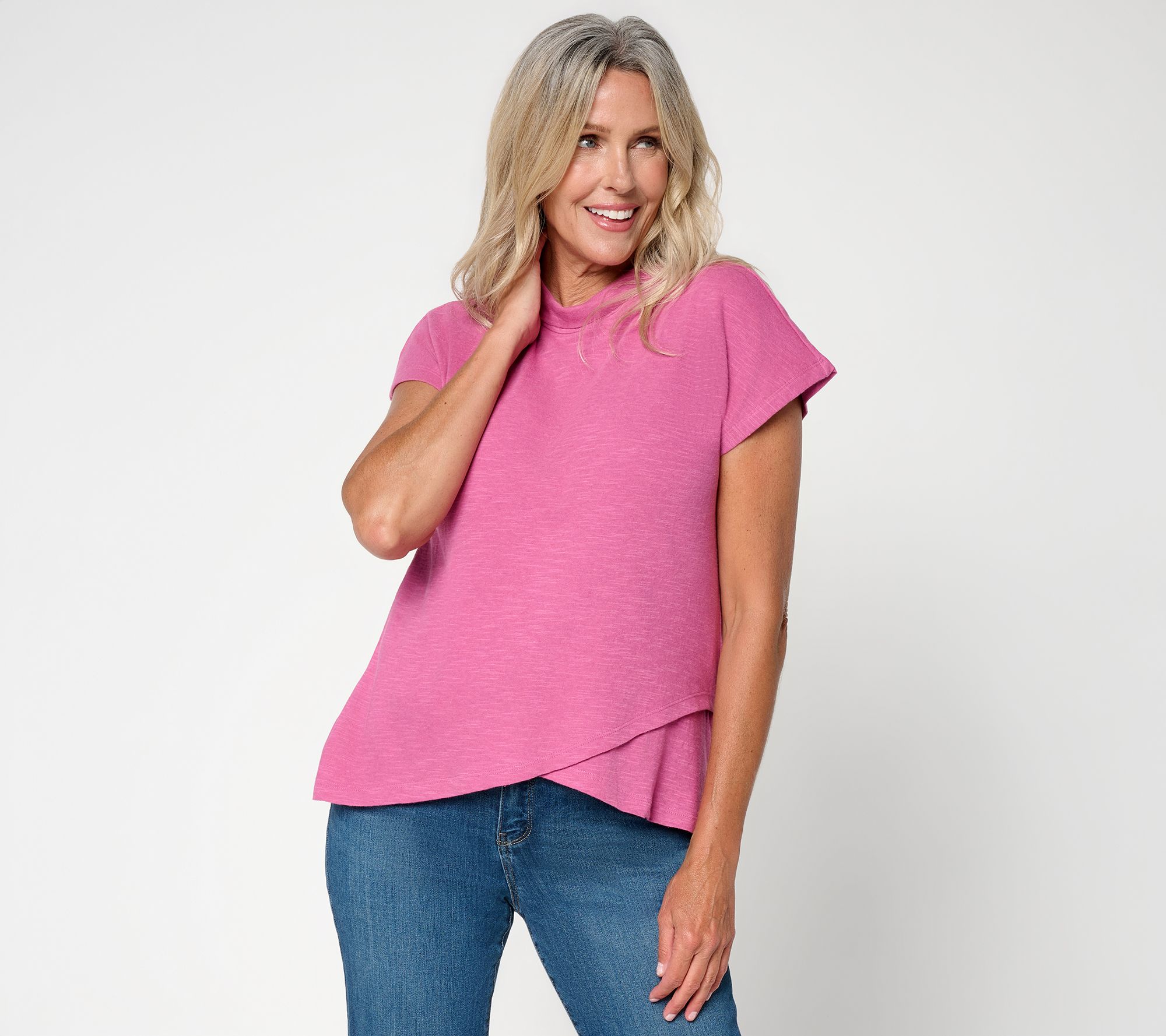 Me by Jennie Garth Knit Mockneck Overlap Short Sleeve Top