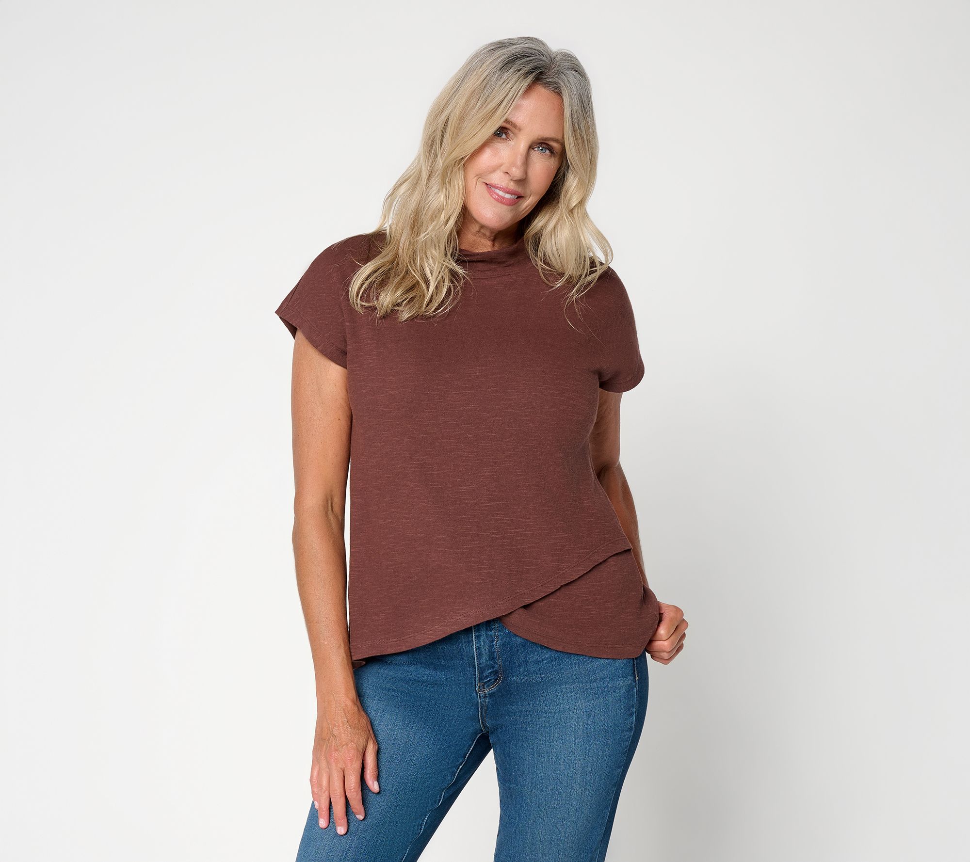 Me by Jennie Garth Knit Mockneck Overlap Short Sleeve Top