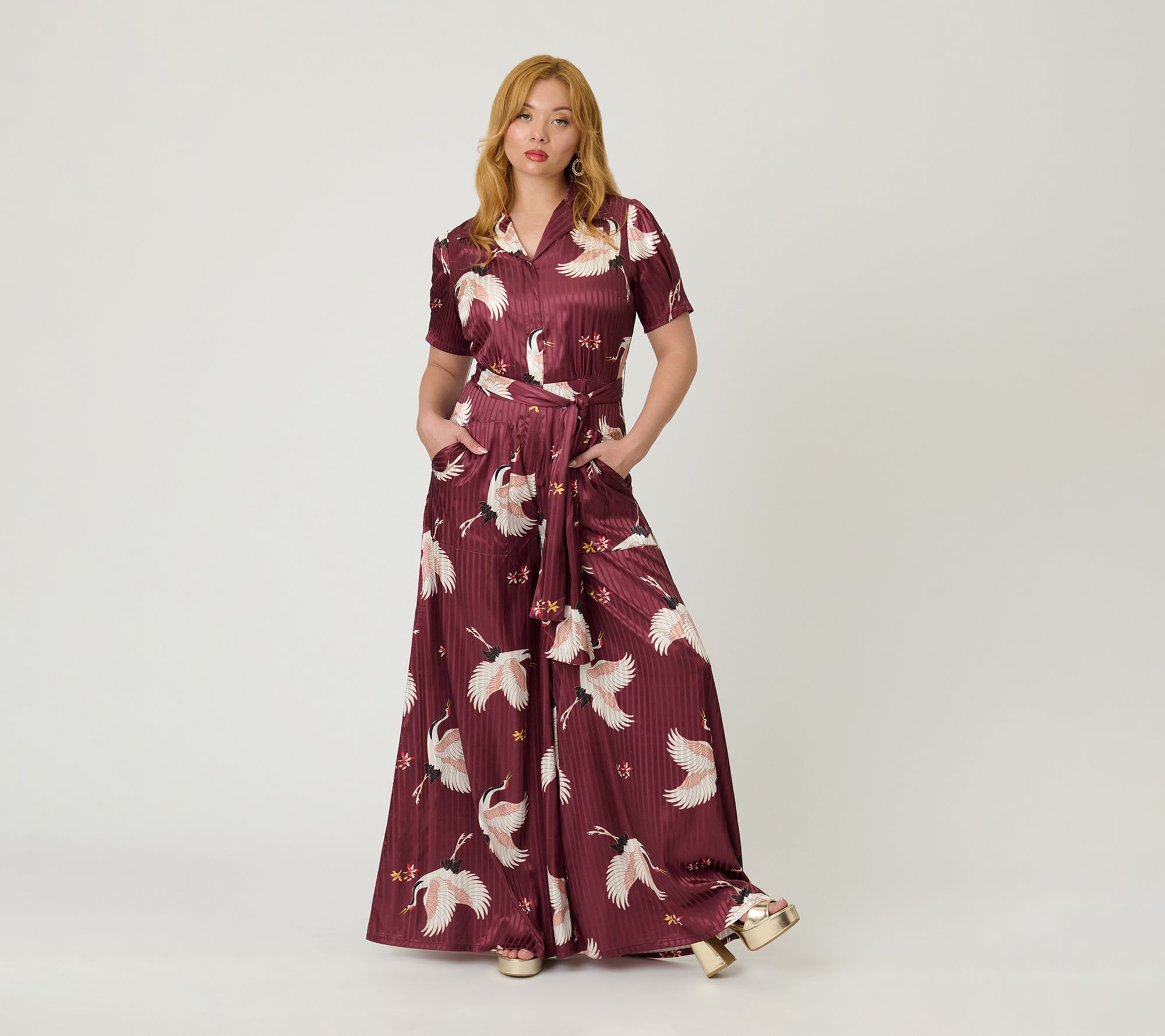 Unique Vintage Burgundy & White Cranes Flare Jumpsuit