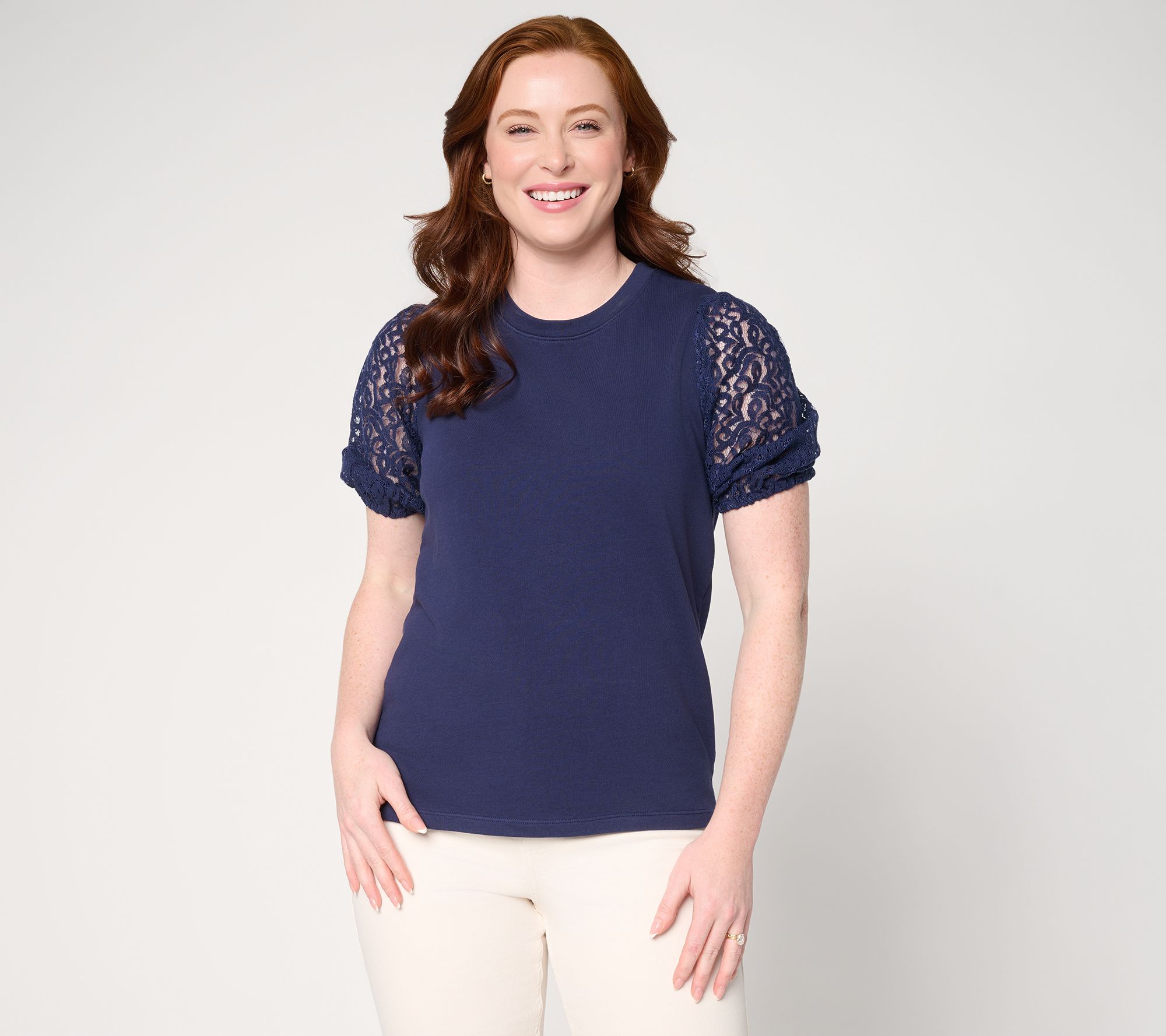 "As Is" BEAUTIFUL by Lawrence Zarian Crew Neck Elbow Lace Sleeve Top