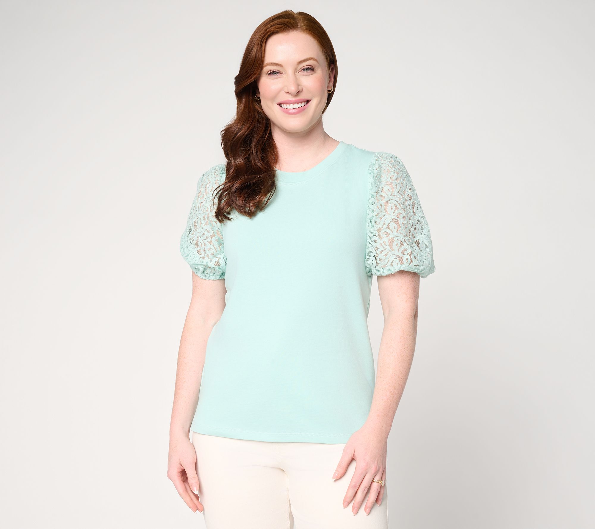 "As Is" BEAUTIFUL by Lawrence Zarian Crew Neck Elbow Lace Sleeve Top