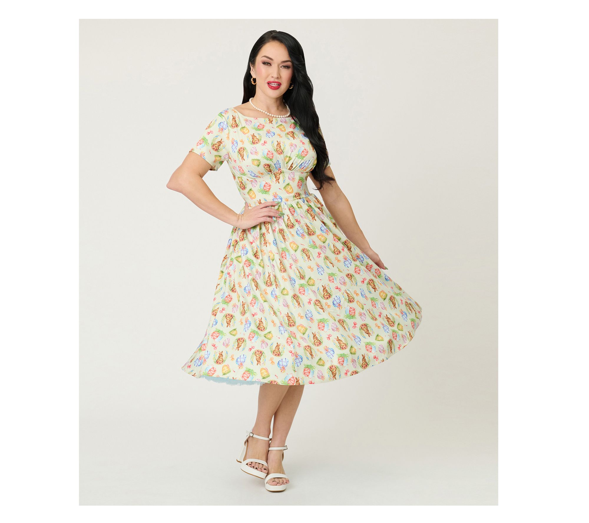 Unique Vintage Green Easter Bunny Print Swing Dress