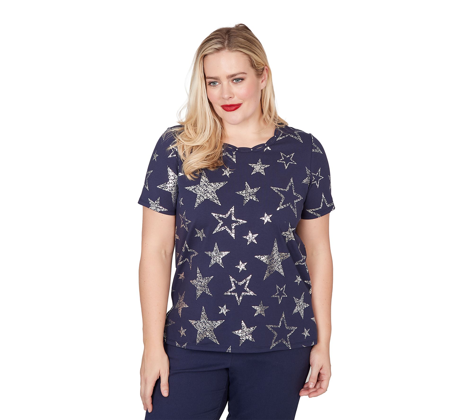Alfred Dunner Petite Sparkling Foiled Stars Tee