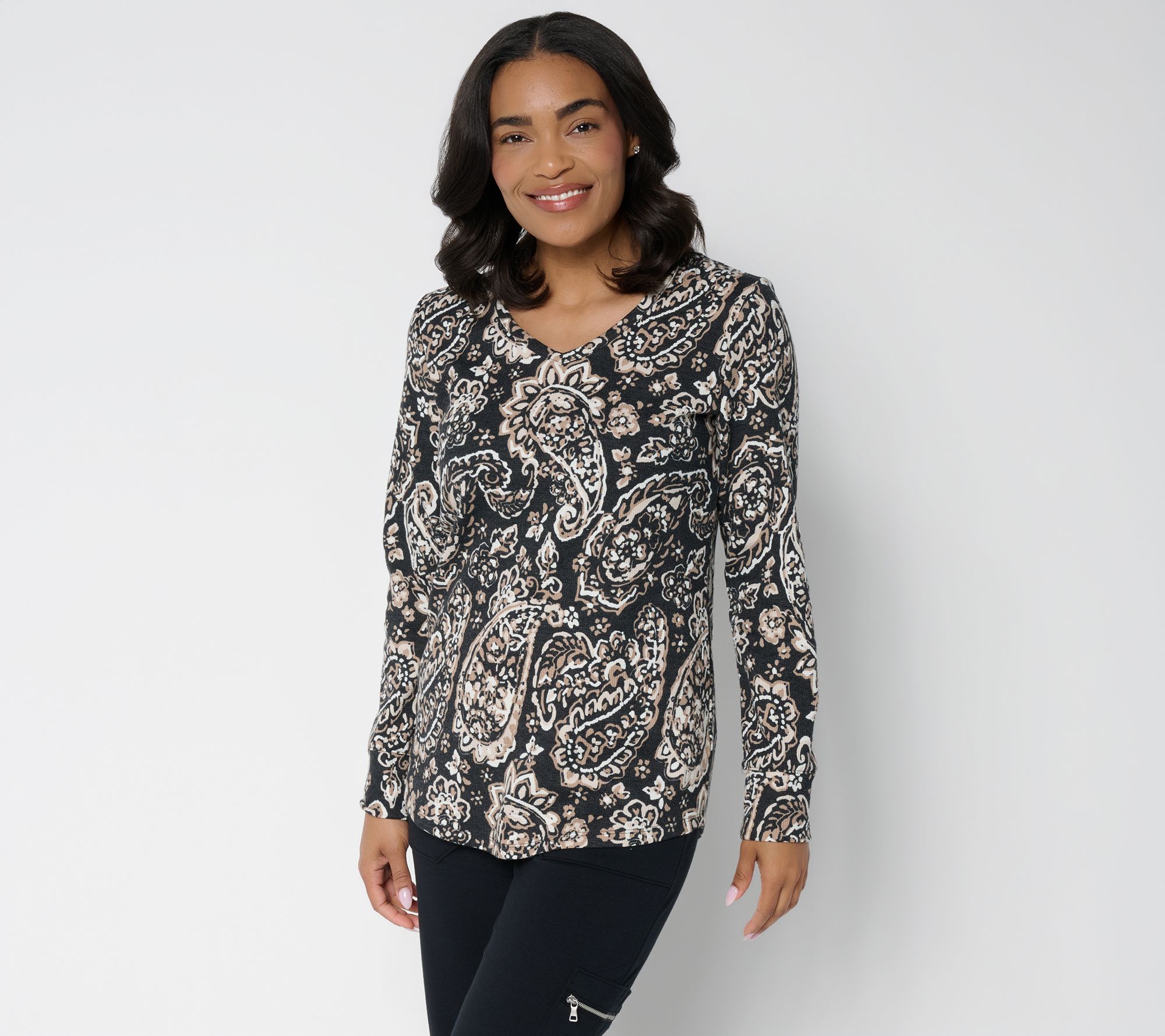 "As Is" Denim & Co. Printed Waffle Knit Soft V Neck Long Sleeve Top