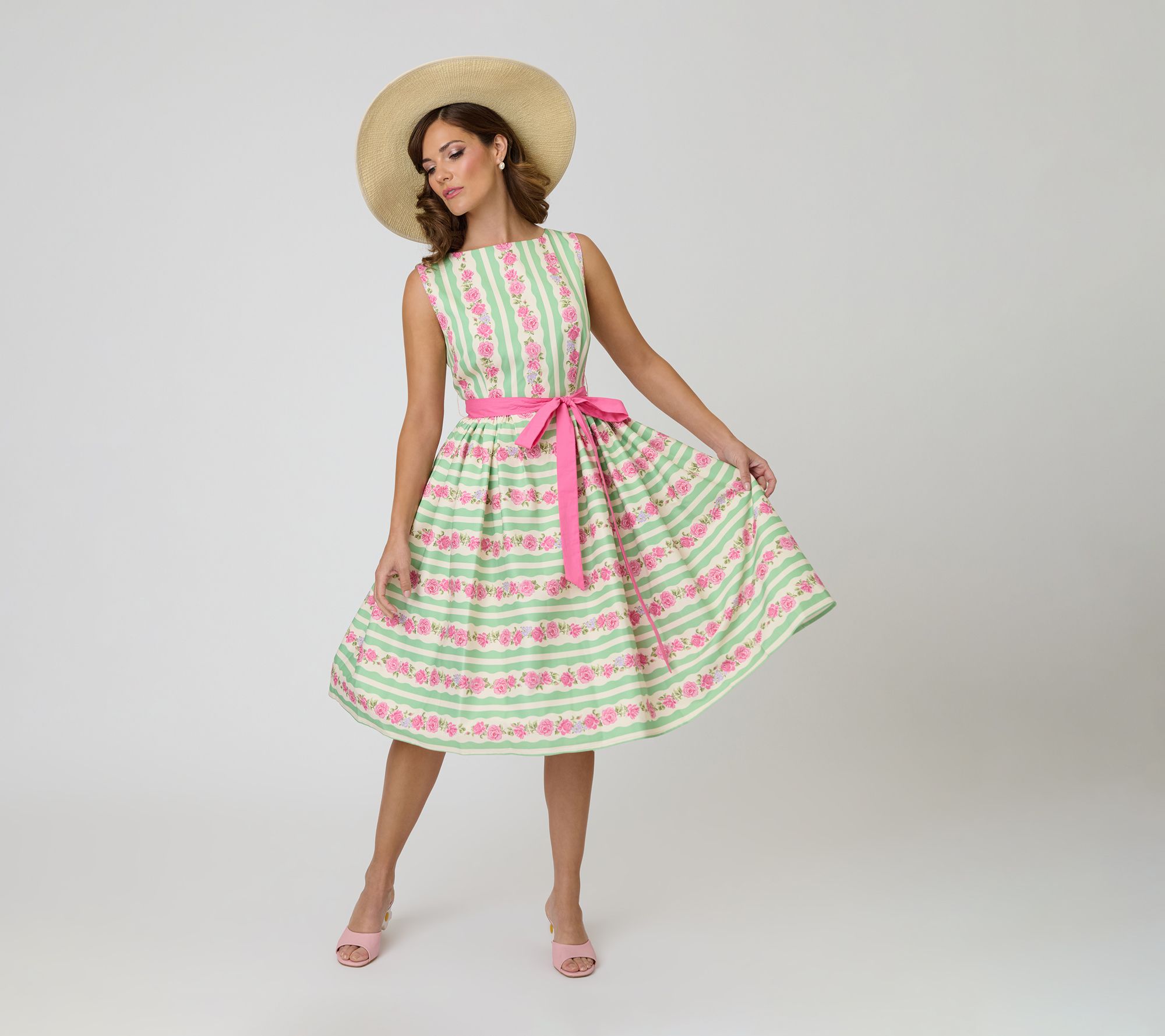 Unique Vintage Rose Stripe Swing Dress