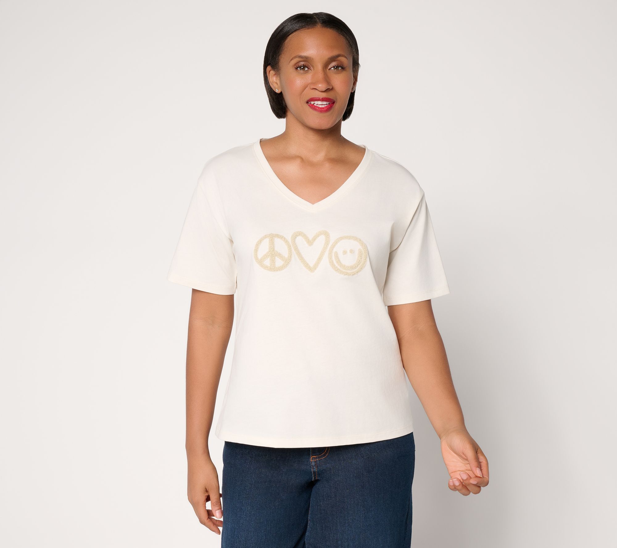 "As Is" Peace Love World Boheme Mixed Media V-Neck Motif Tee