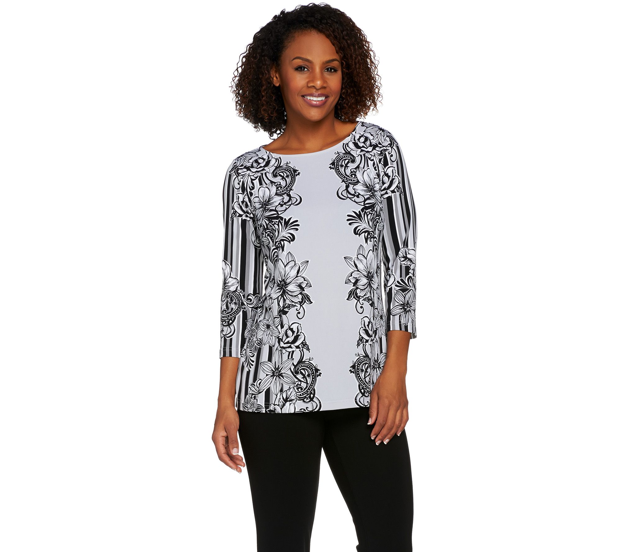 Bob Mackie 3/4 Sleeve Floral Printed Knit Top - QVC.com