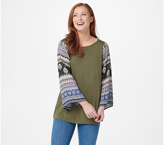 Belle by Kim Gravel Knit Top with Printed Woven Sleeves