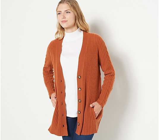 Soft by Naadam 100% Cashmere Ribbed Cardigan with Cable Sleeve