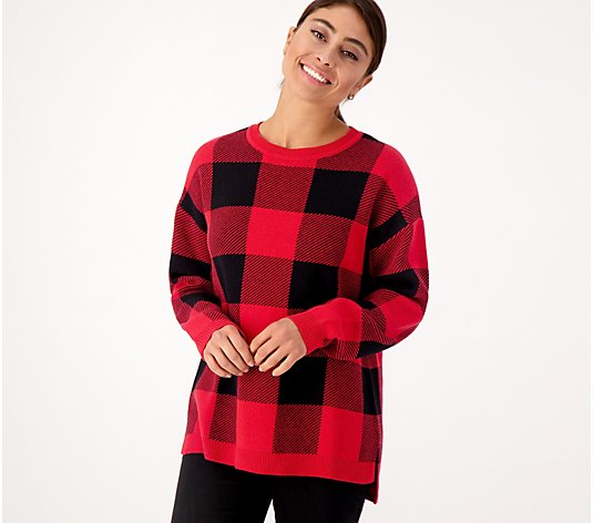 Denim & Co. Plaid Jacquard Pullover Sweater with Side Slits