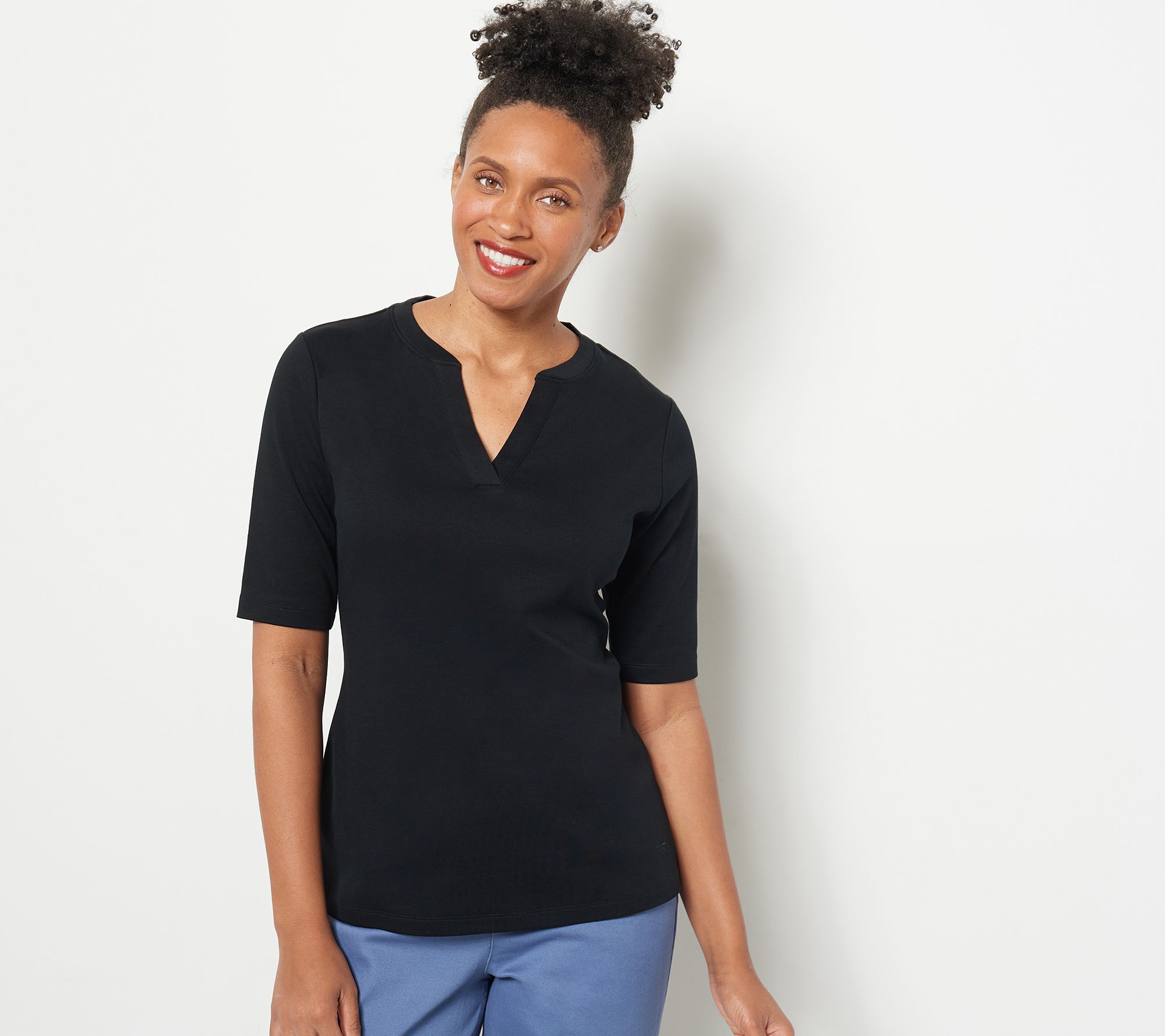 "As Is" Isaac Mizrahi Live Essentials Pima Cotton Split Neck Top