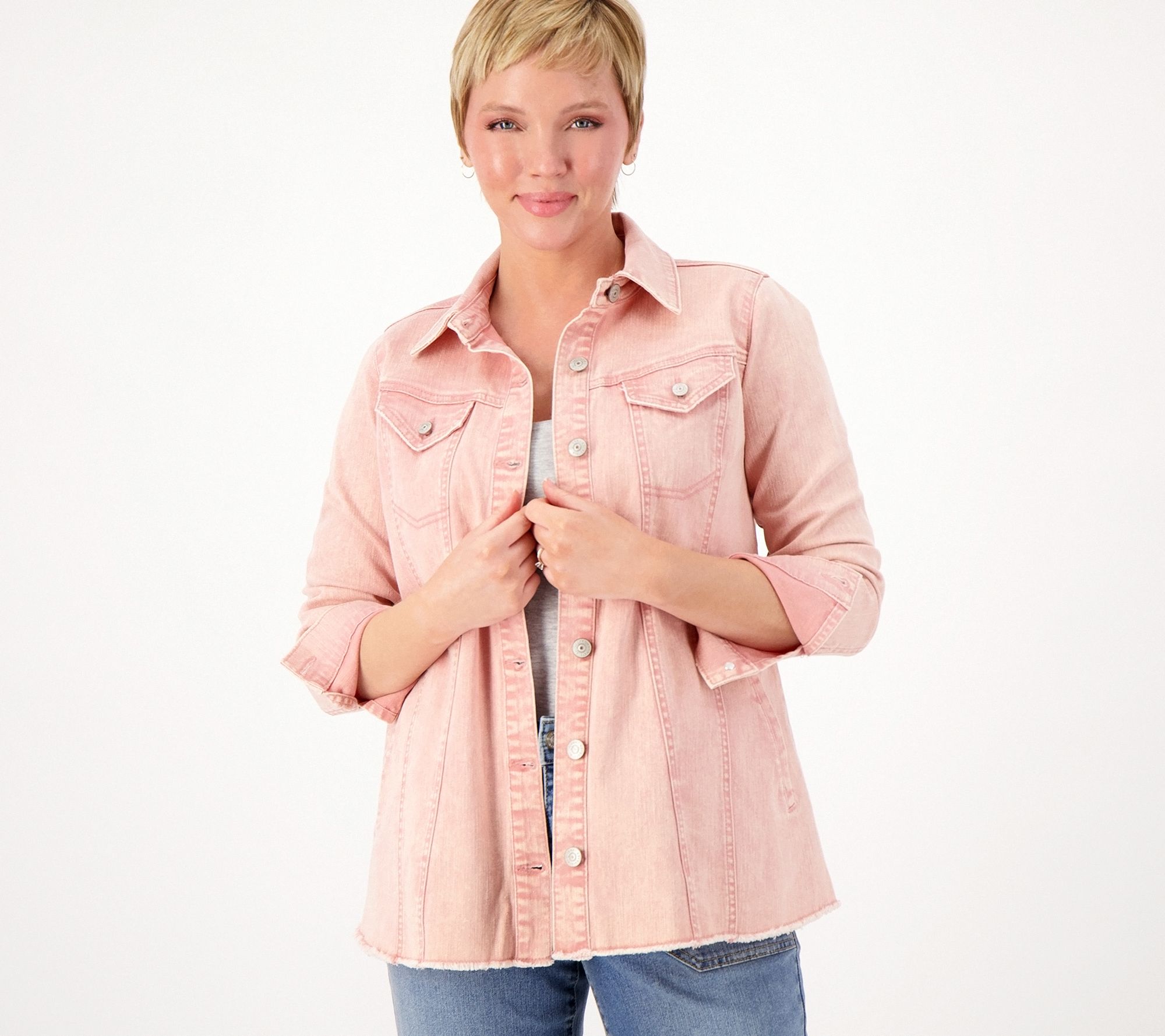 LOGO by Lori Goldstein Denim Jacket with Frayed Hem