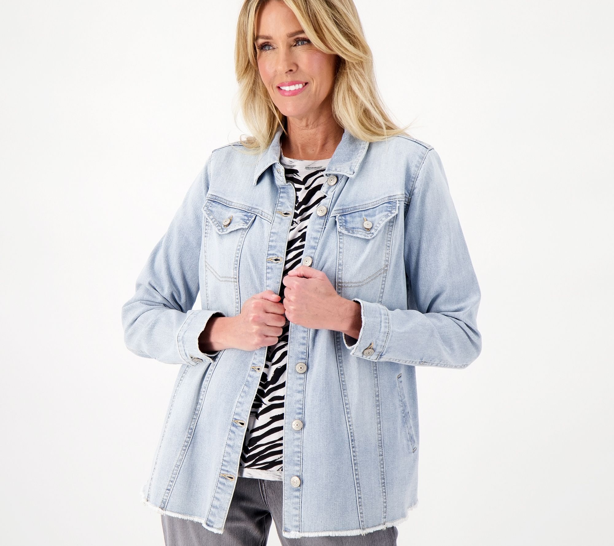 LOGO by Lori Goldstein Denim Jacket with Frayed Hem