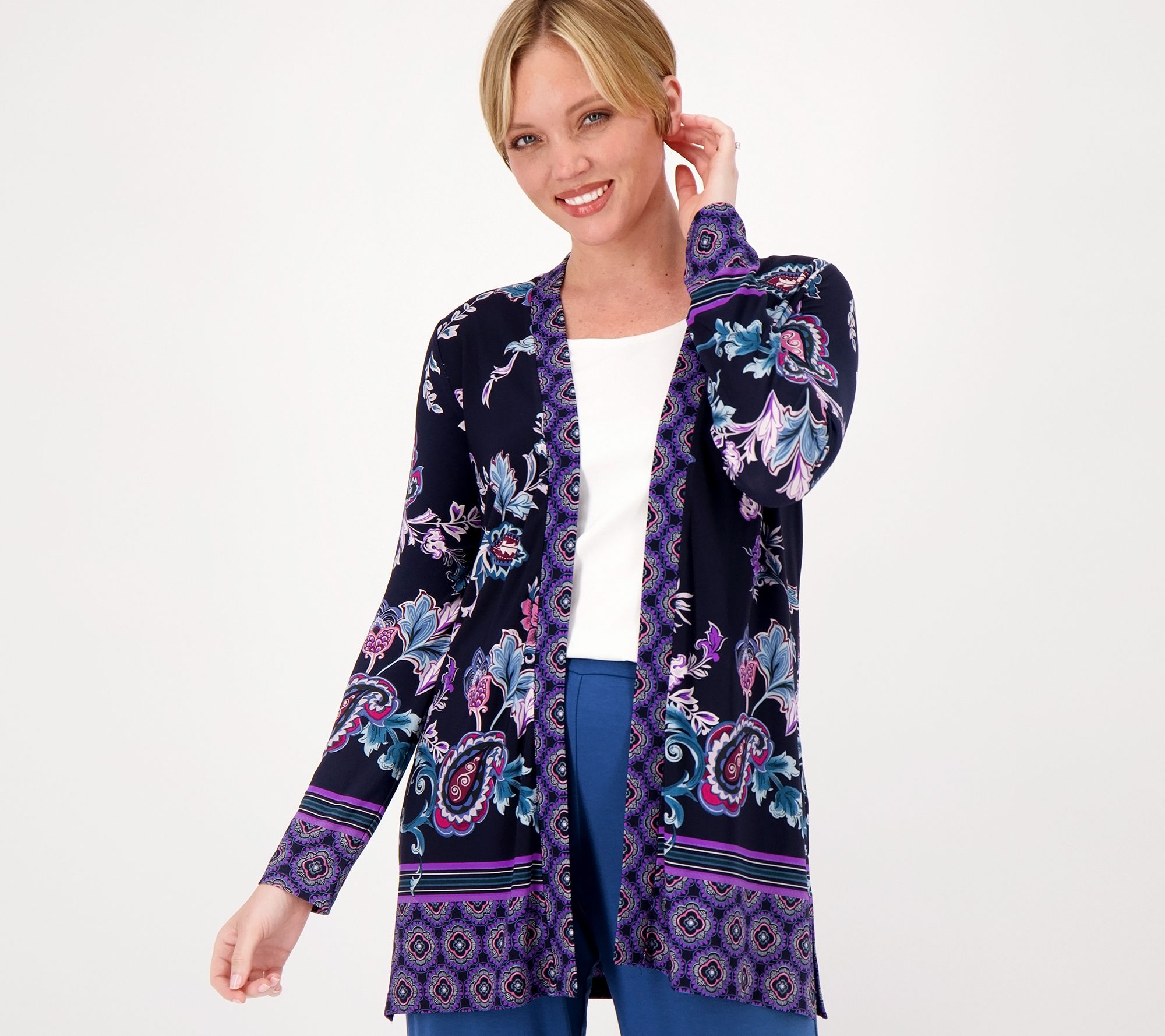 "As Is" Susan Graver Petite Printed Liquid Knit Long Sleeve Cardigan