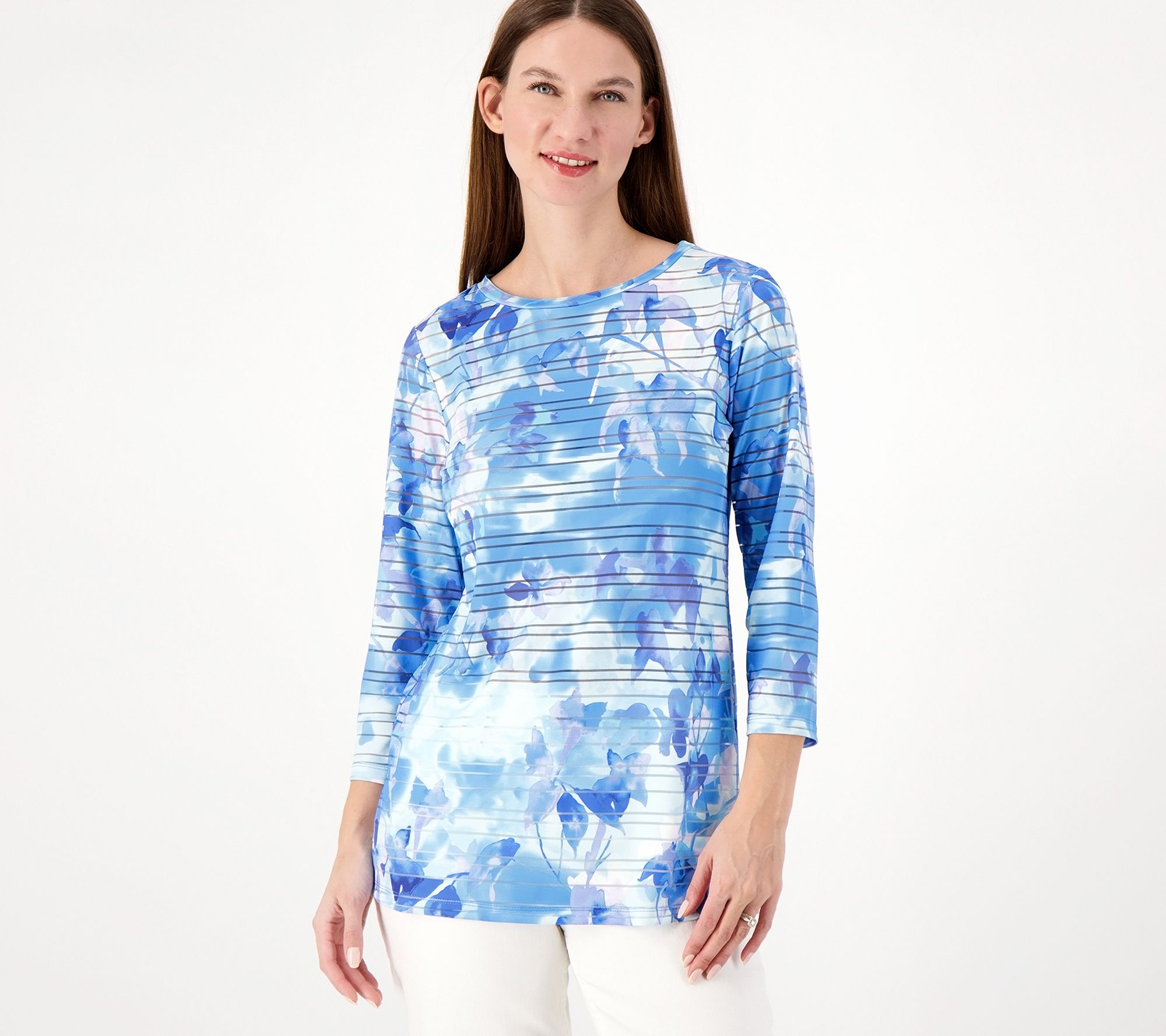 Susan Graver Passport Petite Printed Shadow Stripe Bateau- Neck Tunic