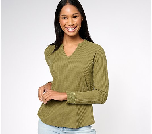 Canyon Retreat Embroidered Split Neck Long Sleeve Top