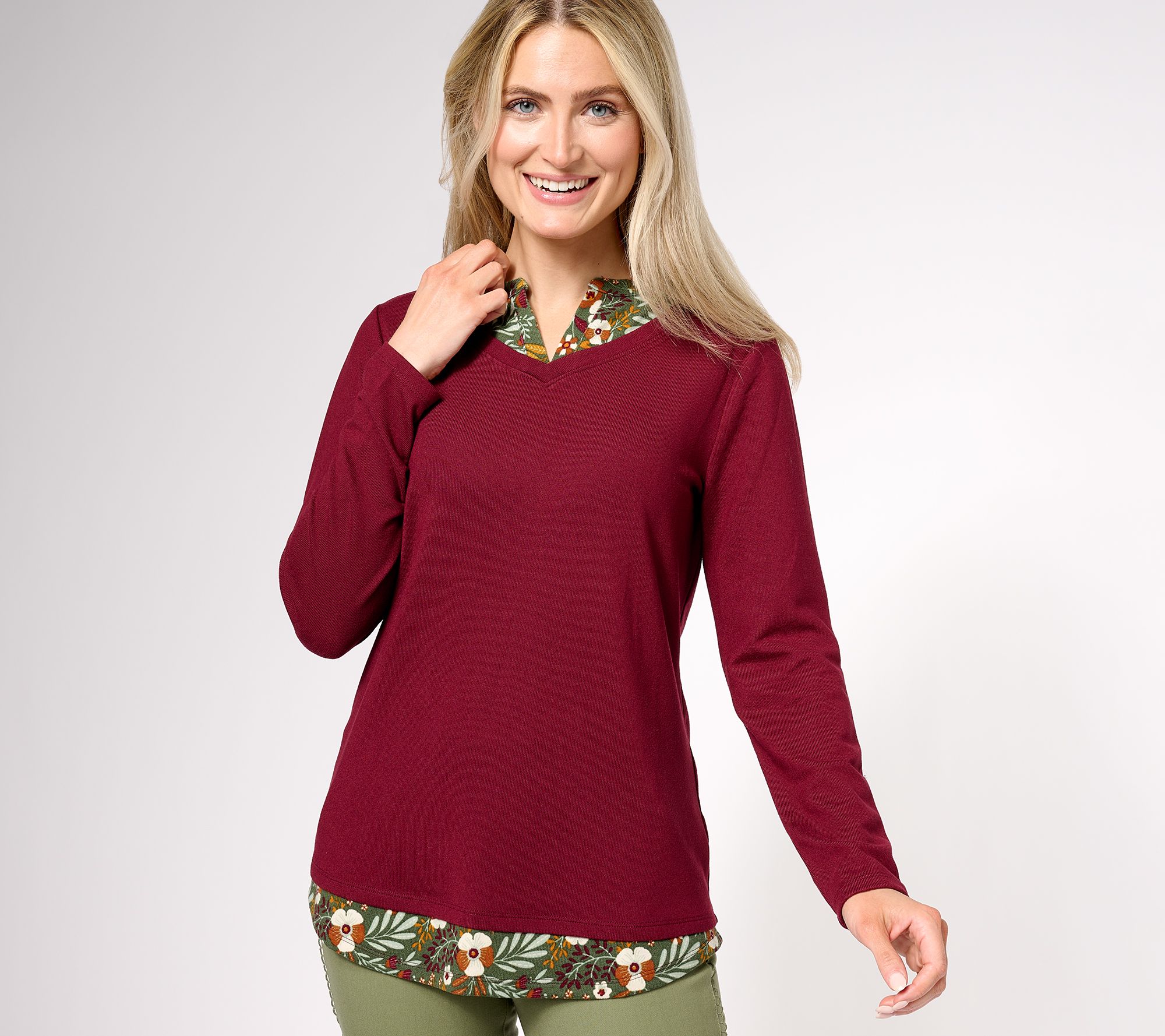 Denim & Co. Printed Floral Heavenly Jersey 2Fer Long Sleeve Top