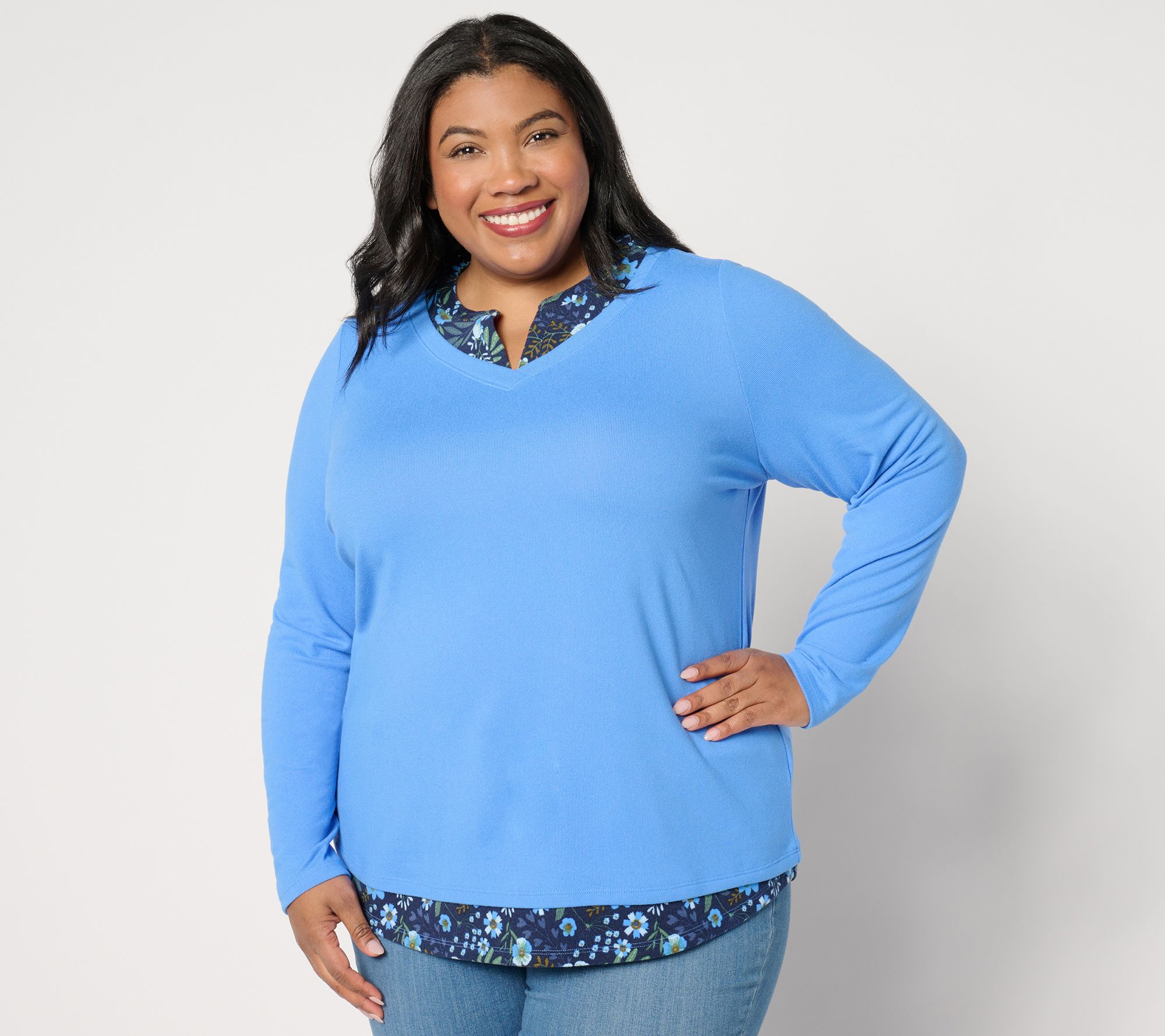 Denim & Co. Printed Floral Heavenly Jersey 2Fer Long Sleeve Top