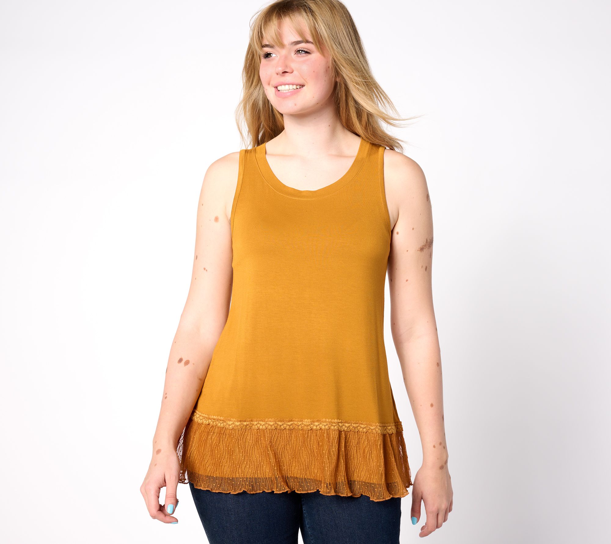 LOGO Layers by Lori Goldstein Knit Tank with Dot Mesh Ruffle Hem