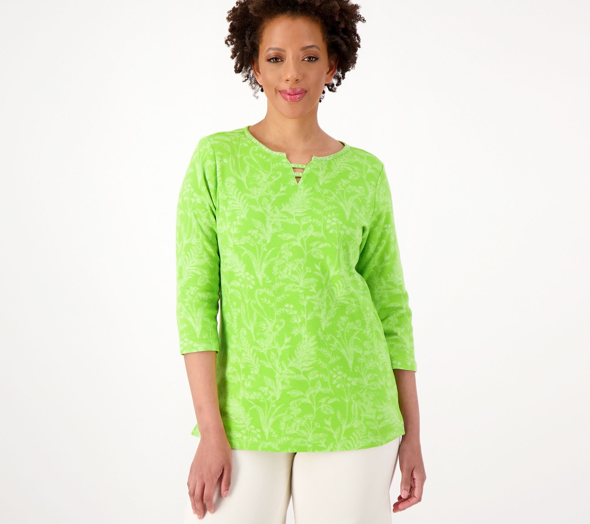 "As Is" Quacker Factory Floral Ladder Neckline with Rhinestone Top