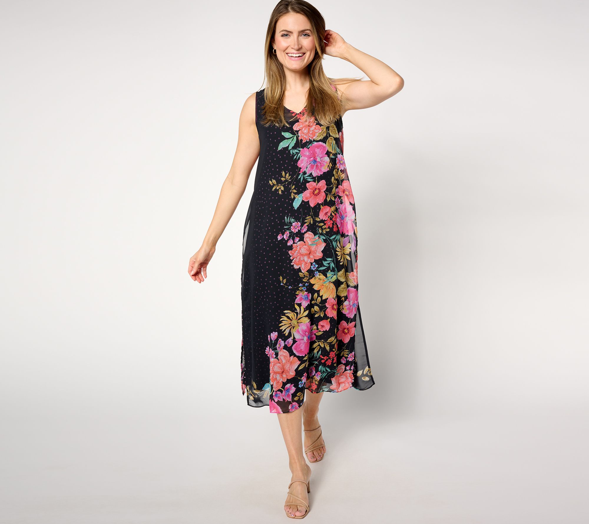Susan Graver Petite Printed Chiffon Overlay 2-Piece Midi Dress